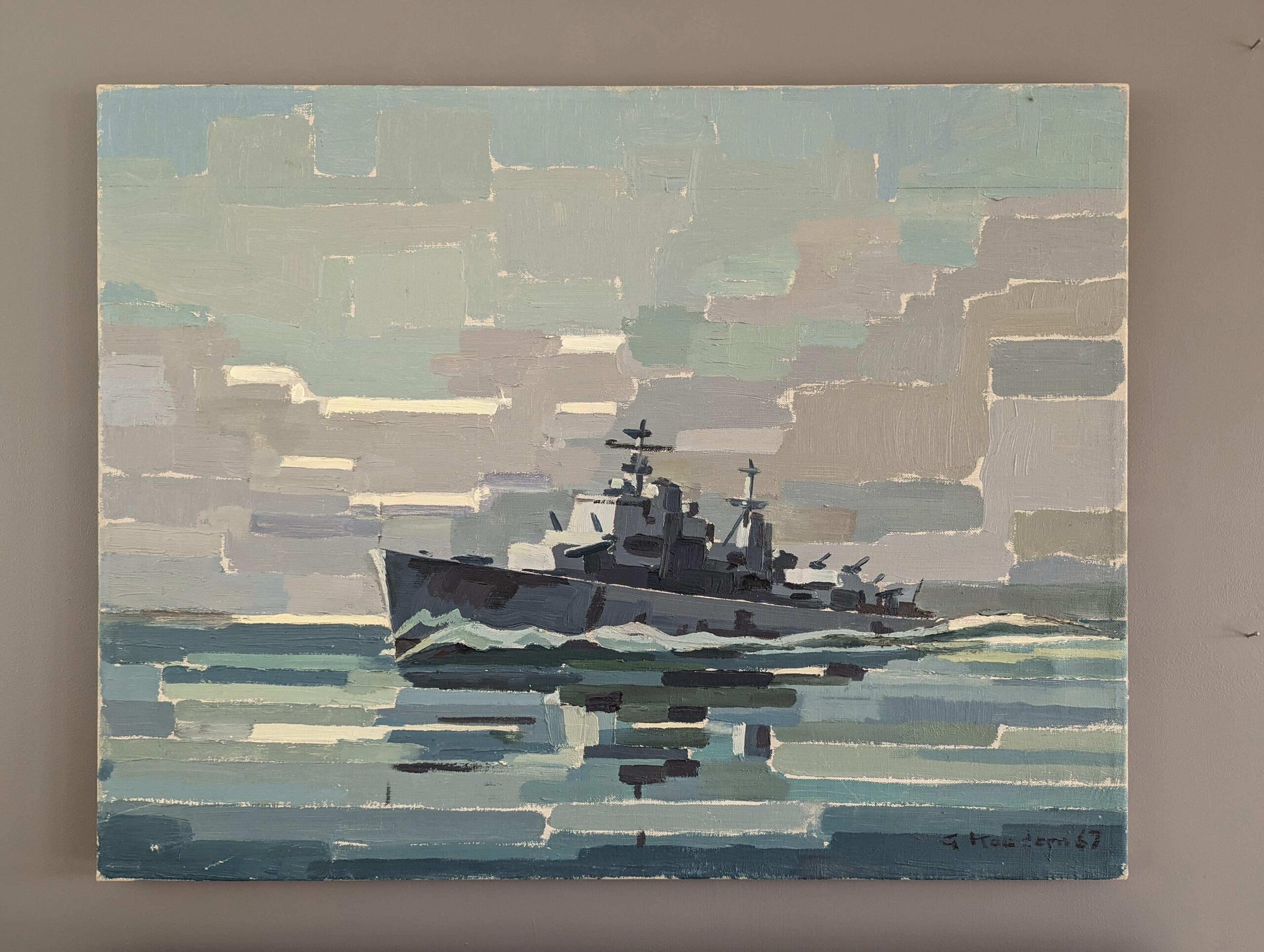 THE NAVY SHIP
Size: 50 x 65 cm
Oil on Canvas

An oustanding modernist style seascape composition, executed in oil onto canvas and dated 1967.

Containing semi-abstract elements, the composition features a navy ship out at sea. The artist has