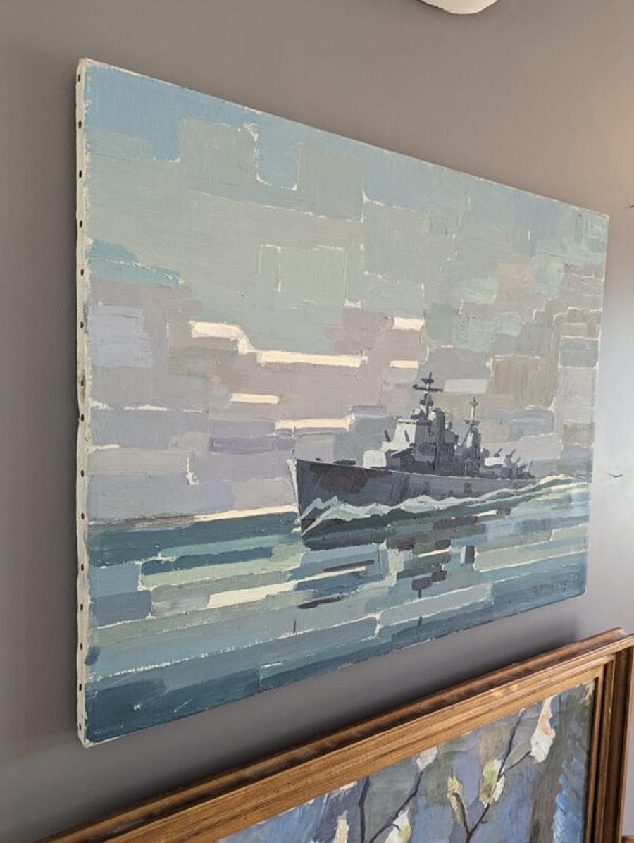 1967 Vintage Mid-Century Modern Abstract Seascape Oil Painting - The Navy Ship For Sale 1