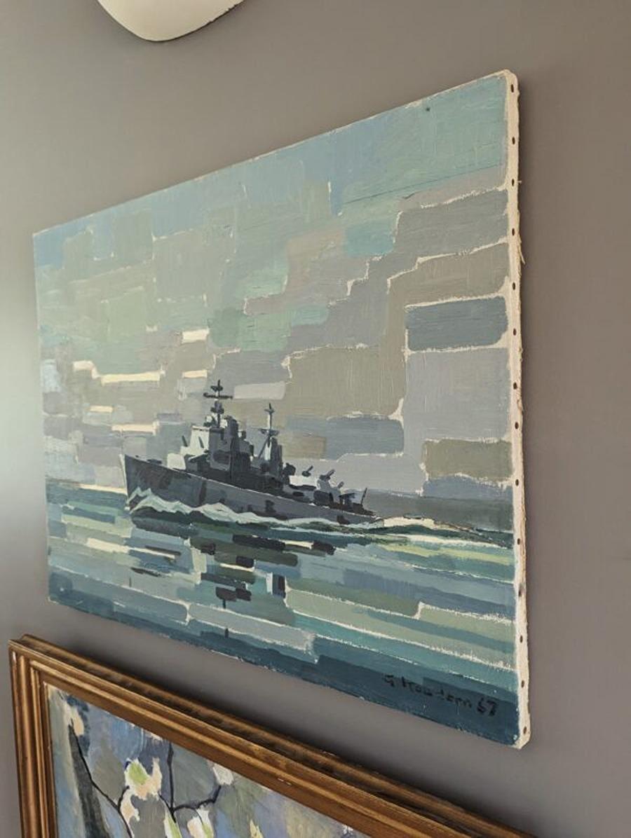 1967 Vintage Mid-Century Modern Abstract Seascape Oil Painting - The Navy Ship For Sale 2