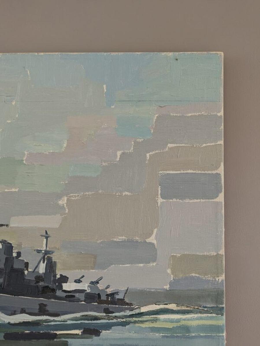 1967 Vintage Mid-Century Modern Abstract Seascape Oil Painting - The Navy Ship For Sale 4