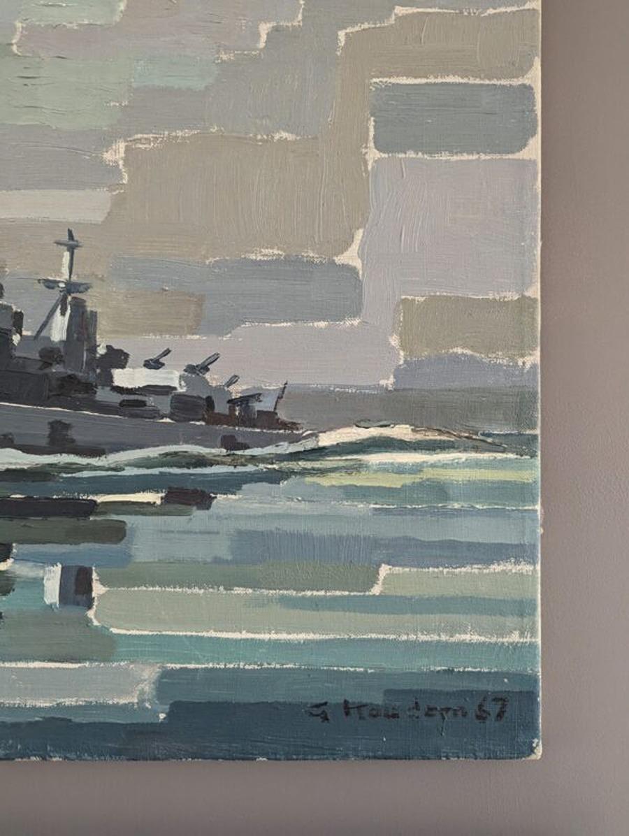 1967 Vintage Mid-Century Modern Abstract Seascape Oil Painting - The Navy Ship For Sale 5