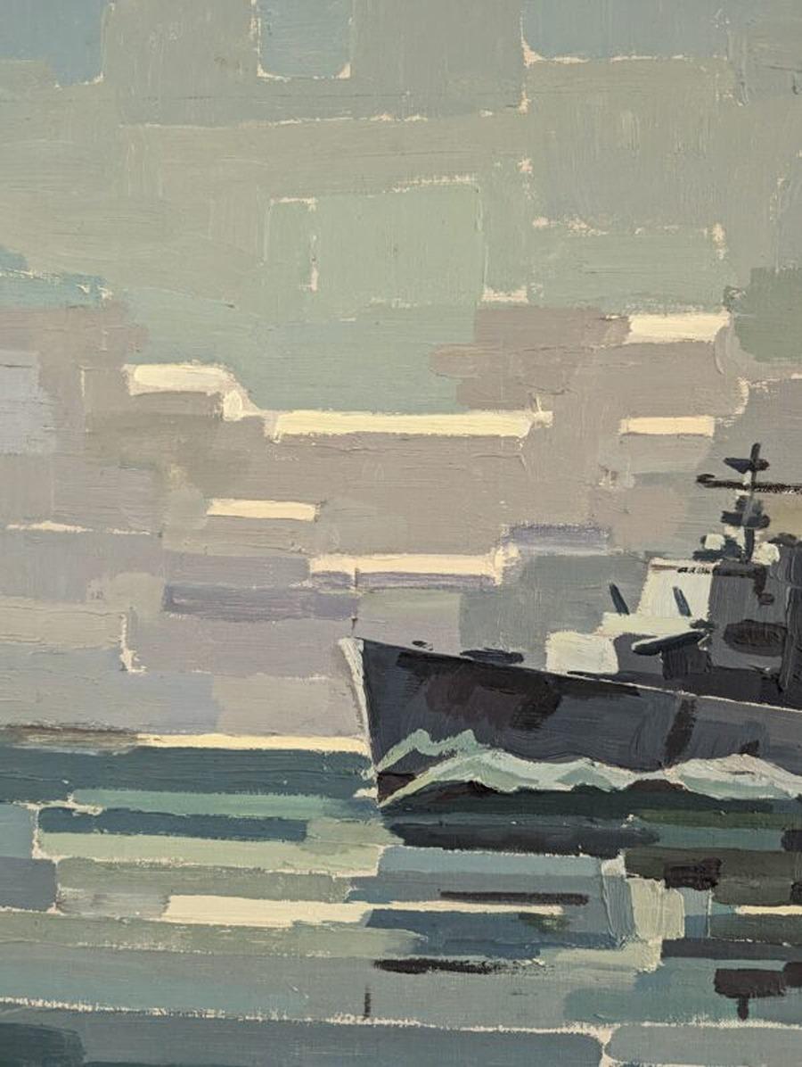 1967 Vintage Mid-Century Modern Abstract Seascape Oil Painting - The Navy Ship For Sale 7