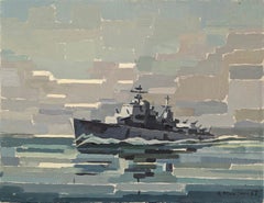 Peinture à l'huile abstraite moderne du milieu du siècle dernier - Le navire de la marine - 1967