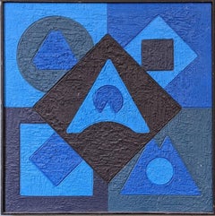 1967 Vintage Mid-Century Modern Abstract Swedish Oil Painting - Geometric Blue