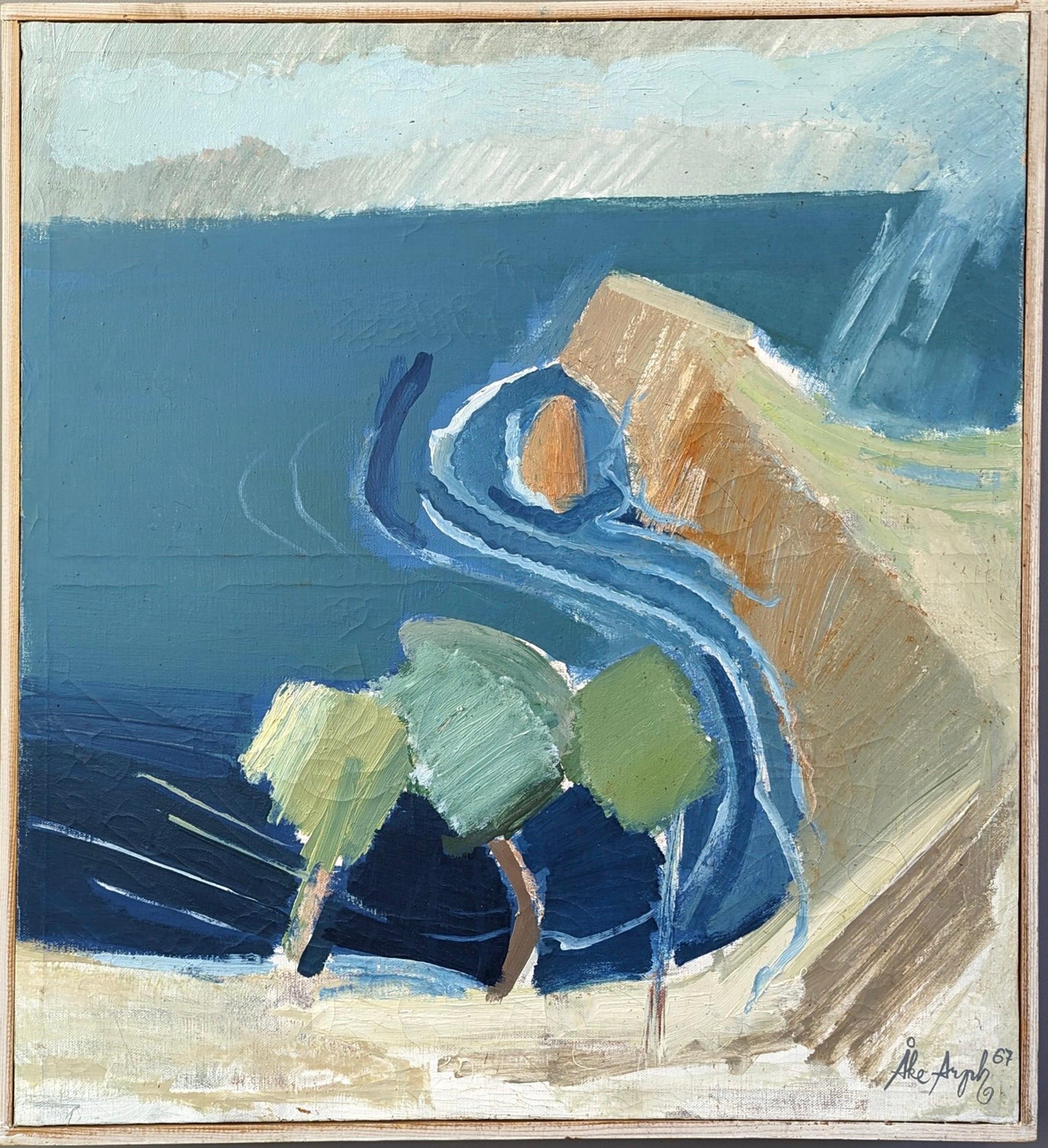 Unknown Landscape Painting - 1967 Vintage Mid-Century Modern Coastal Seascape Oil Painting - Briatico