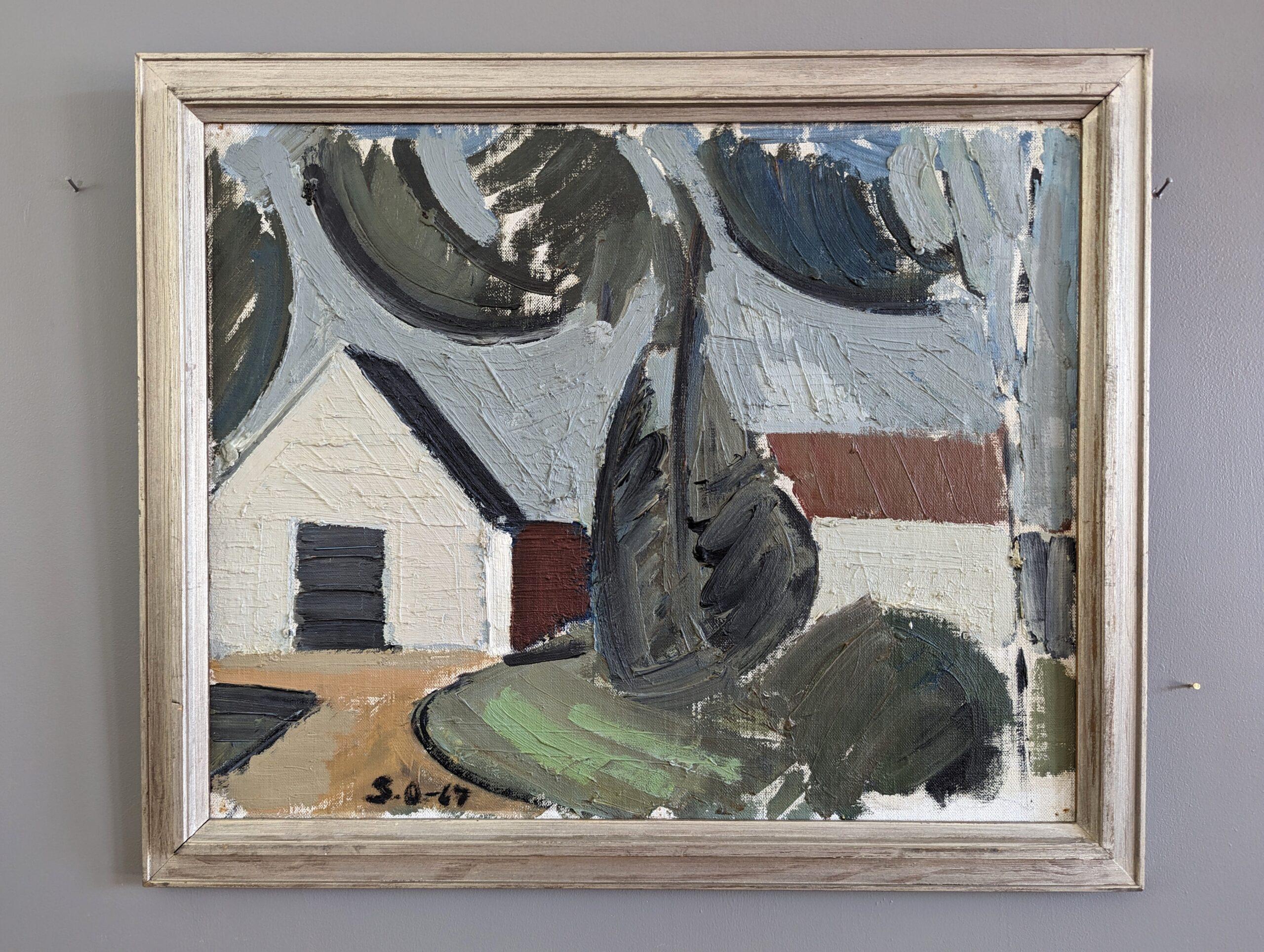 1967 Vintage Paisaje sueco de mediados de siglo Pintura al óleo - Casa junto al árbol - Painting de Unknown