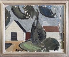 1967 Peinture à l'huile de paysage suédois du milieu du siècle - Maison près de l'arbre