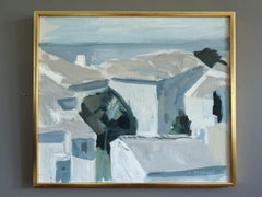 1968 Mid Century Modern Abstract Landscape Oil Painting - Mediterranean Rooftops