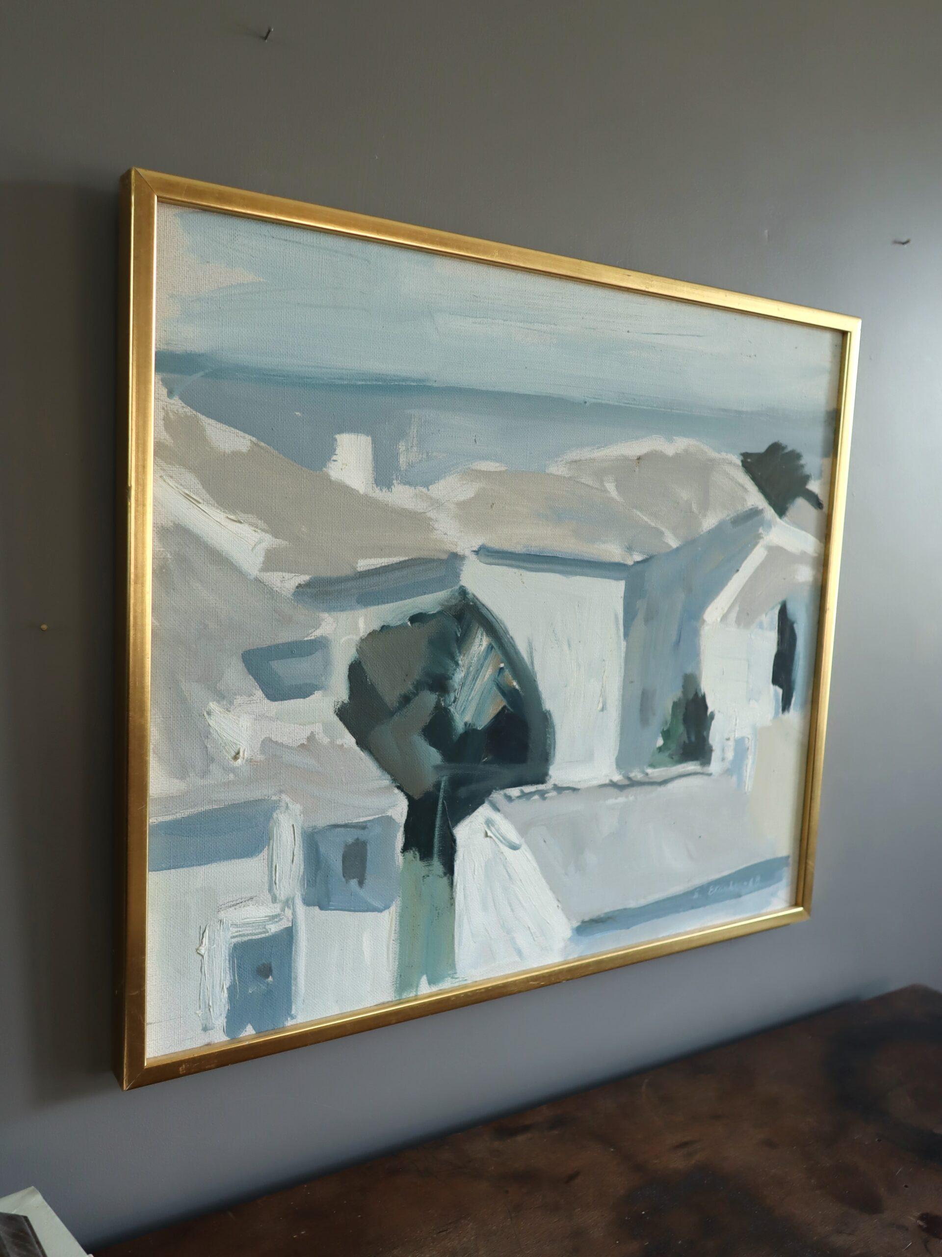 1968 Mid Century Modern Abstract Landscape Oil Painting - Mediterranean Rooftops im Angebot 1