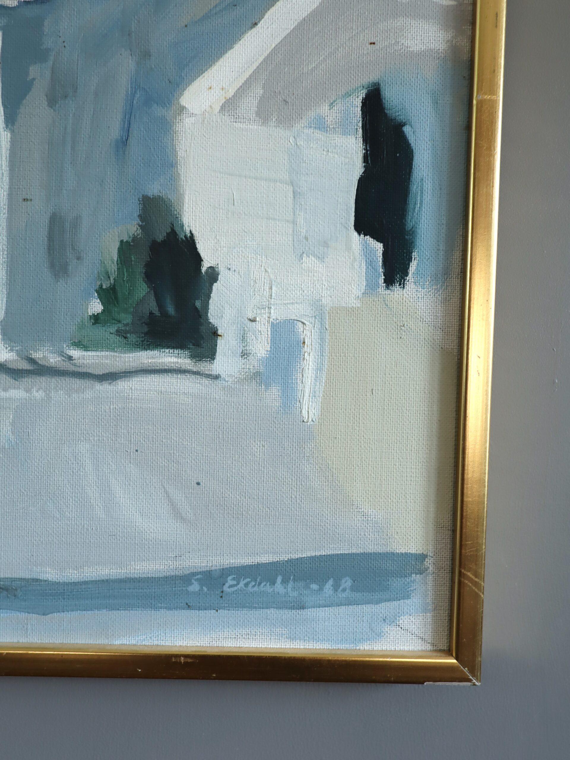 1968 Mid Century Modern Abstract Landscape Oil Painting - Mediterranean Rooftops im Angebot 4