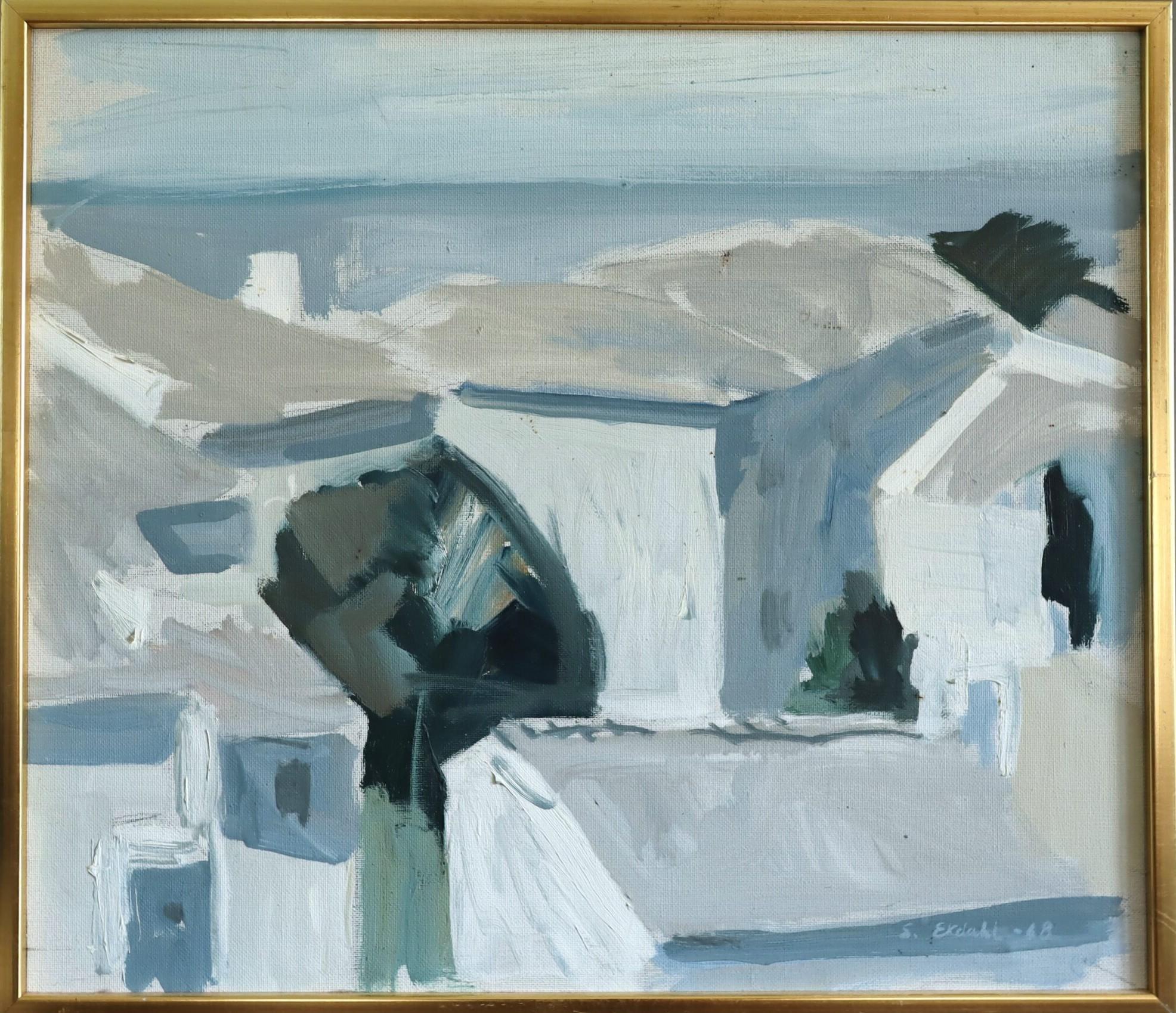 1968 Mid Century Modern Abstract Landscape Oil Painting - Mediterranean Rooftops