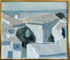 1968 Mid Century Modern Abstract Landscape Oil Painting - Mediterranean Rooftops