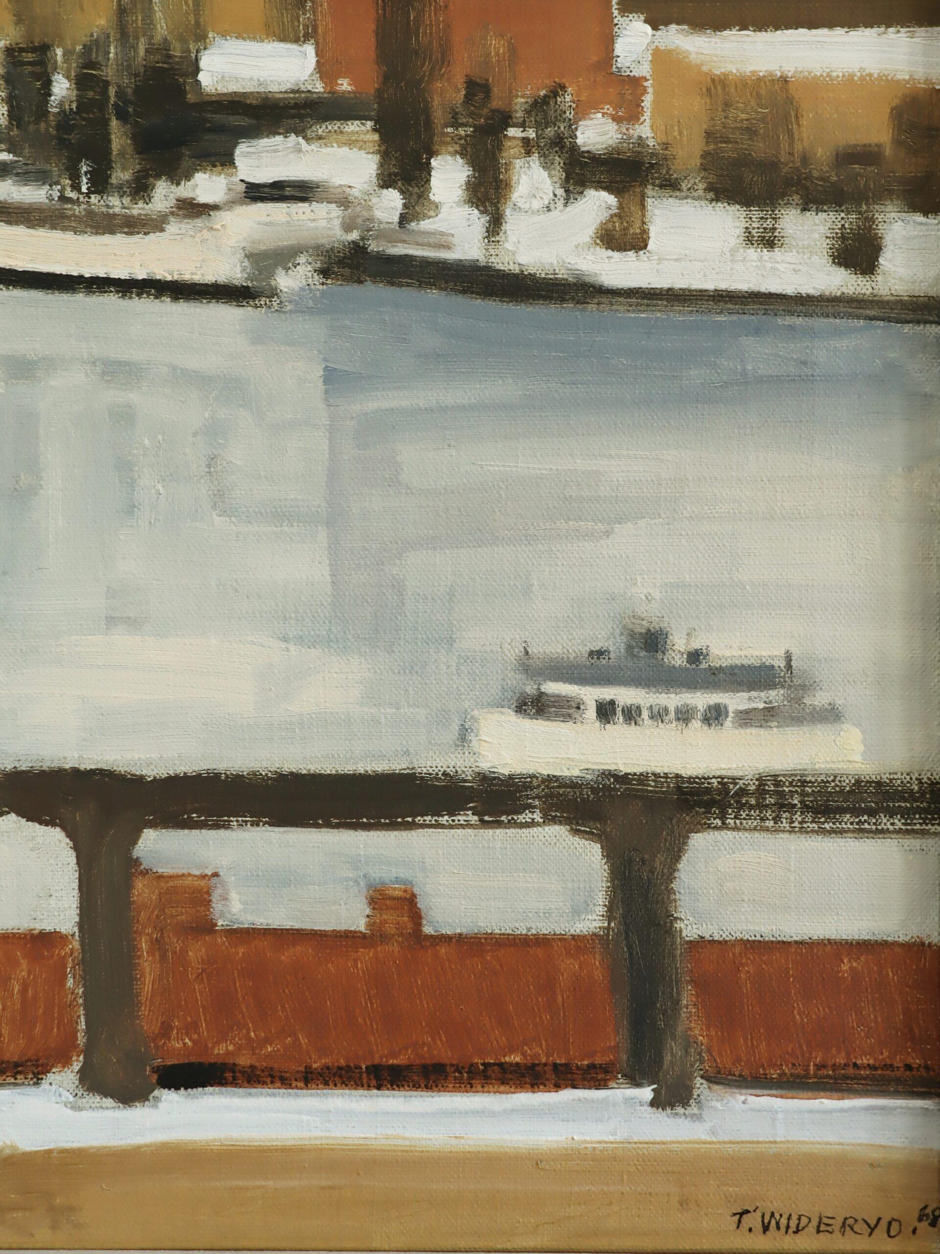 1968 Pintura al óleo de paisaje costero sueco moderno de mediados de siglo - Vista del puerto en venta 5