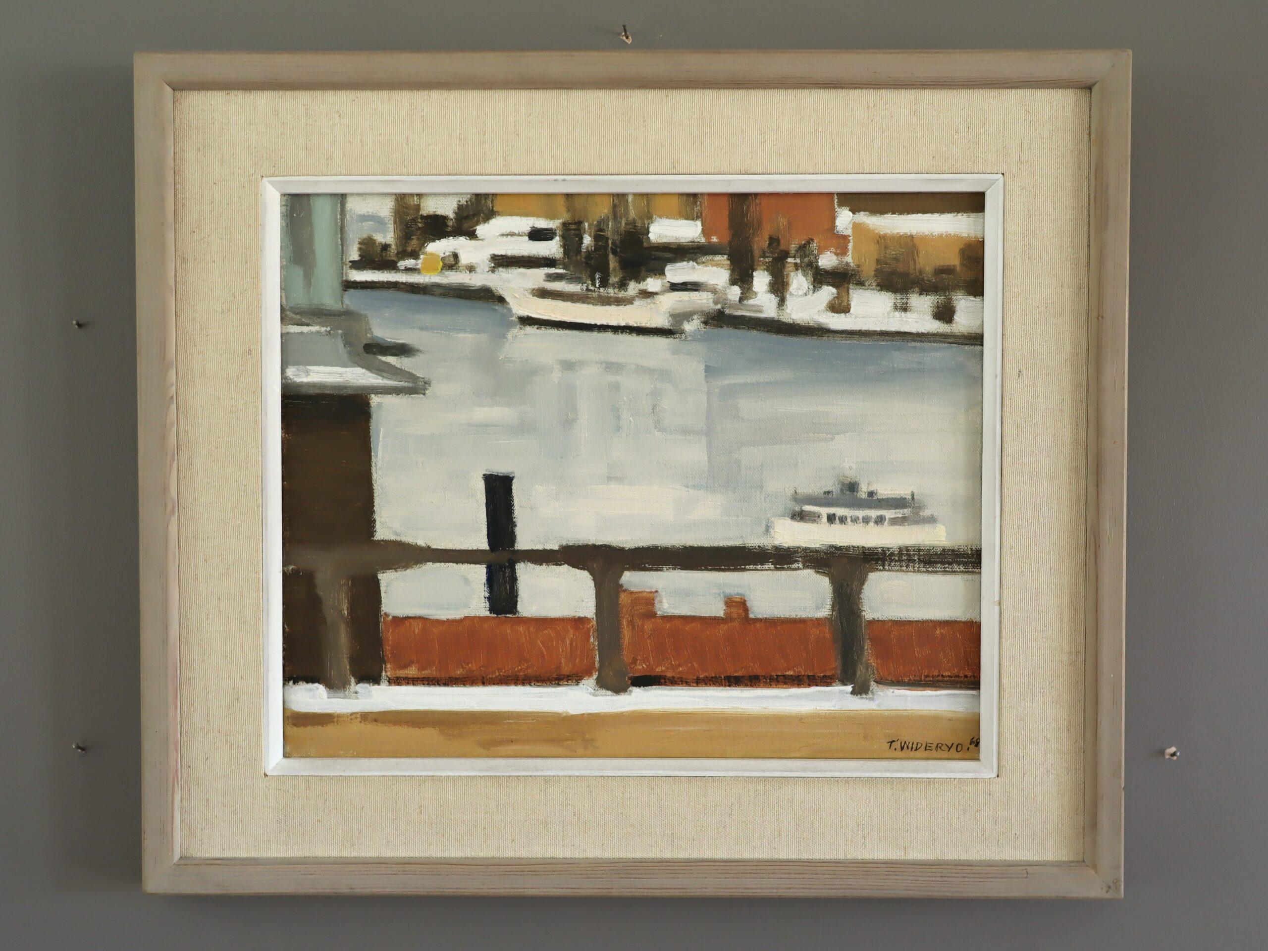 1968 Pintura al óleo de paisaje costero sueco moderno de mediados de siglo - Vista del puerto - Painting de Unknown