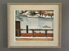 1968 Mid Century Modern Swedish Coastal Landscape Oil Painting - Harbour View