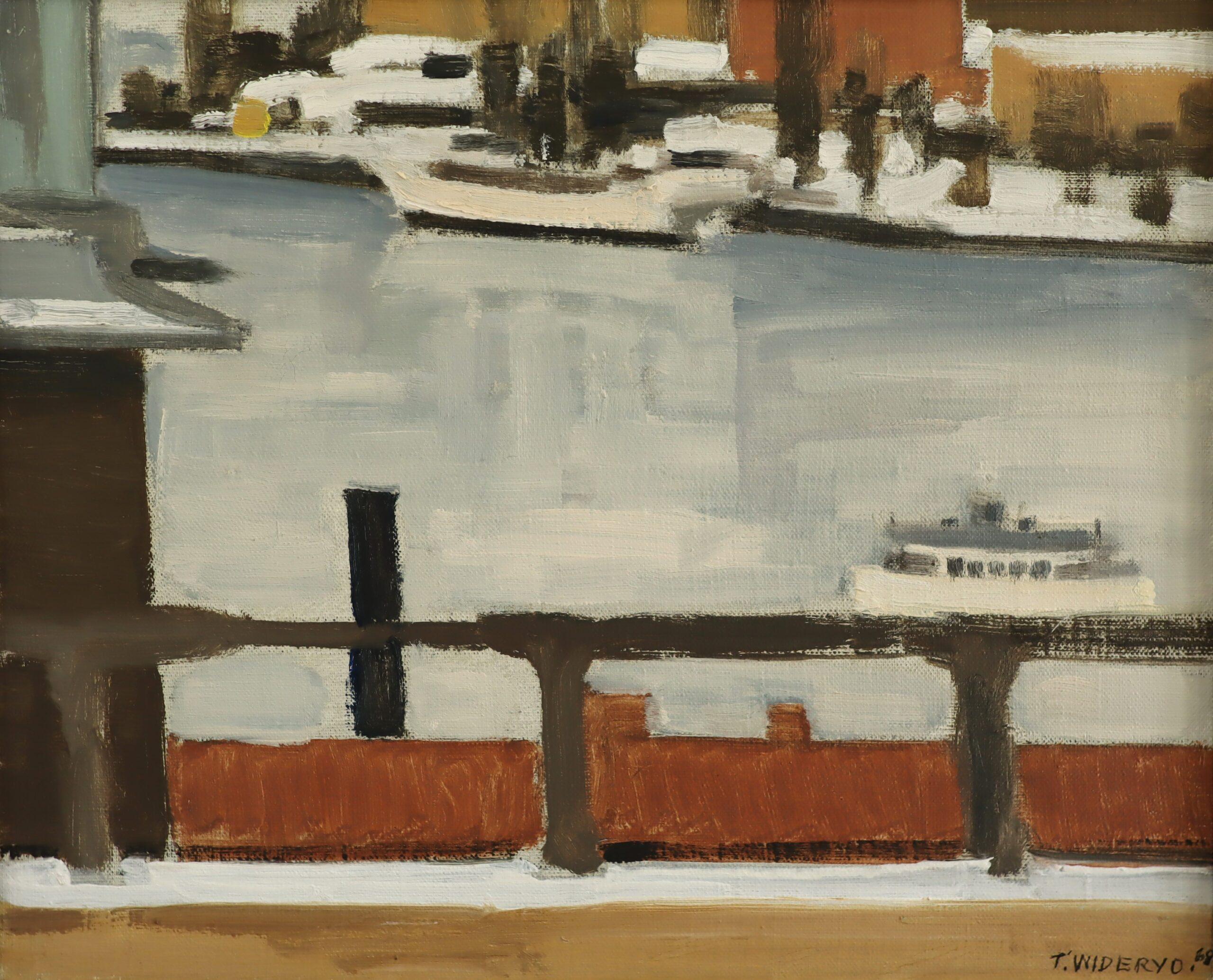 1968 Pintura al óleo de paisaje costero sueco moderno de mediados de siglo - Vista del puerto en venta 3