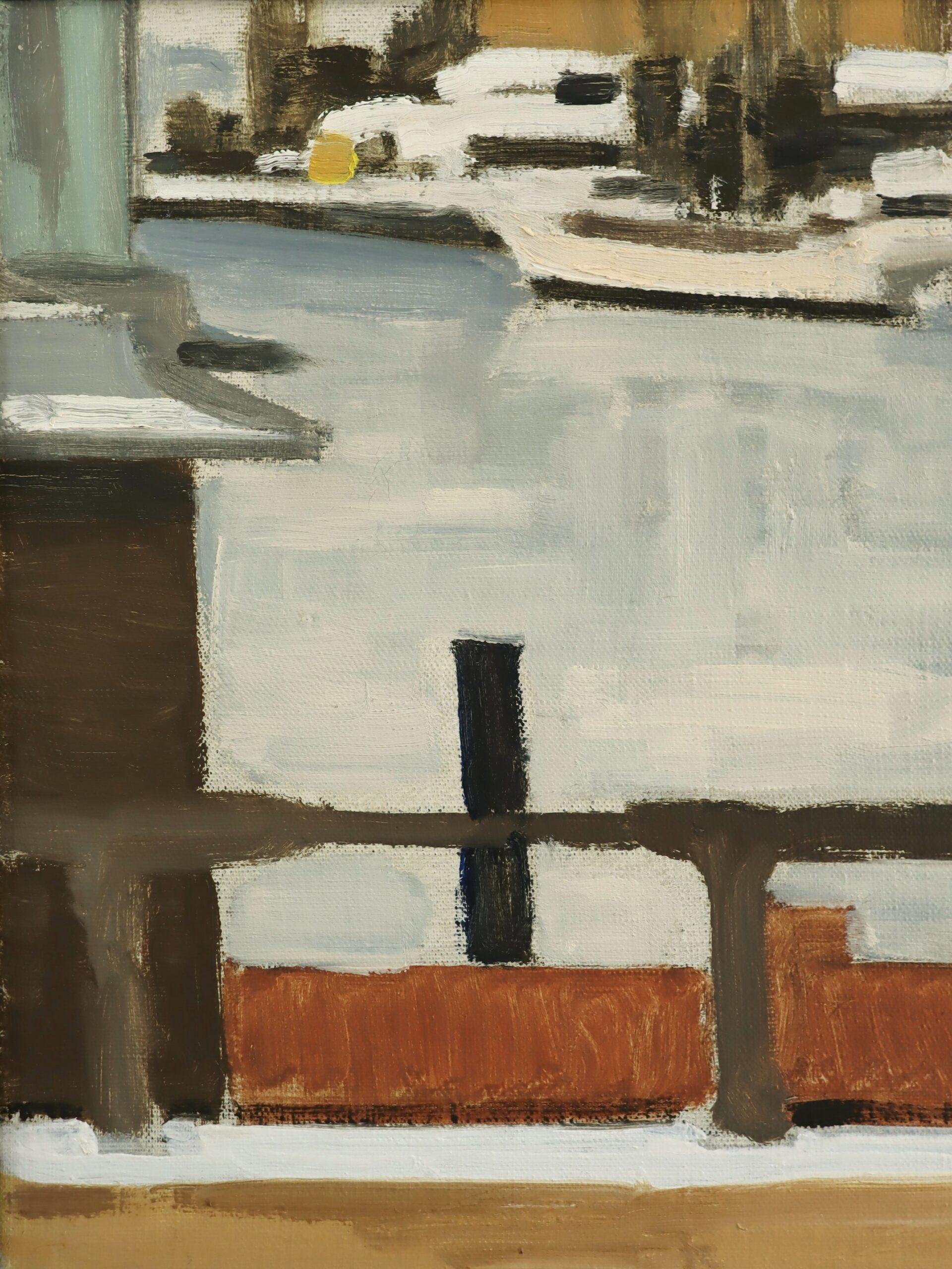 1968 Pintura al óleo de paisaje costero sueco moderno de mediados de siglo - Vista del puerto en venta 4