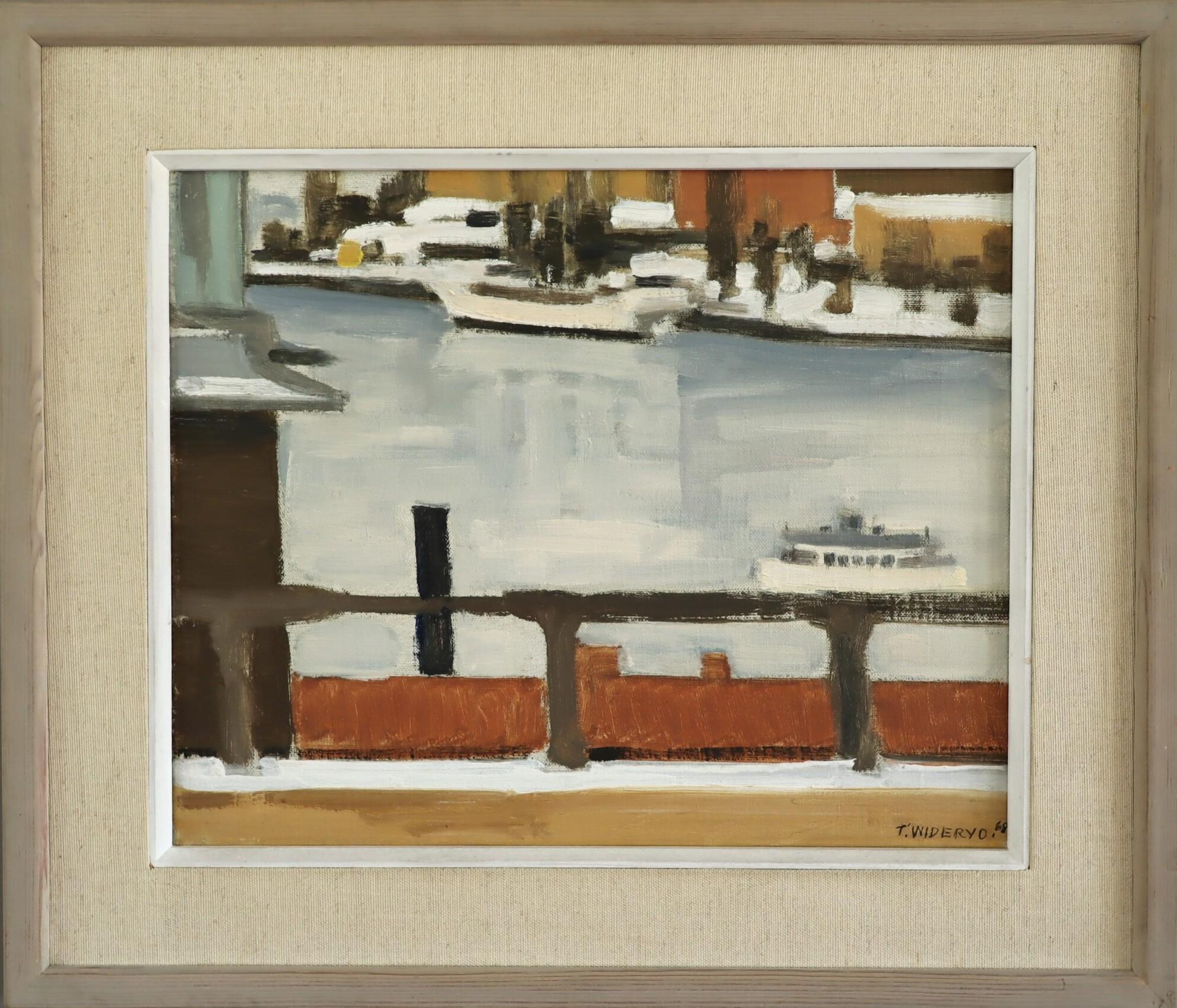 Landscape Painting de Unknown - 1968 Pintura al óleo de paisaje costero sueco moderno de mediados de siglo - Vista del puerto