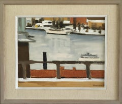 1968 Mid Century Modern Swedish Coastal Landscape Oil Painting - Harbour View