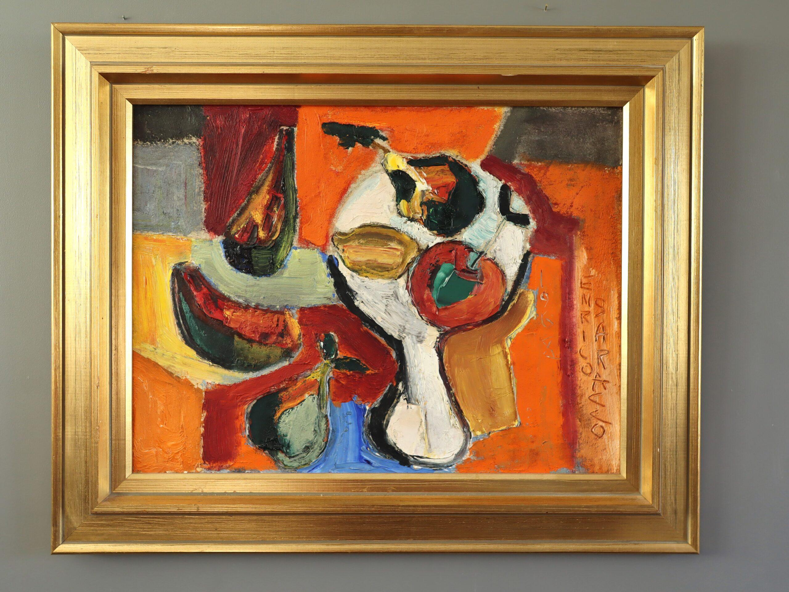 1968 Mid Century Modern Swedish Still Life Oil Painting - Fruits in Firelight (Fruits à la lumière du feu) - Marron Still-Life Painting par Unknown