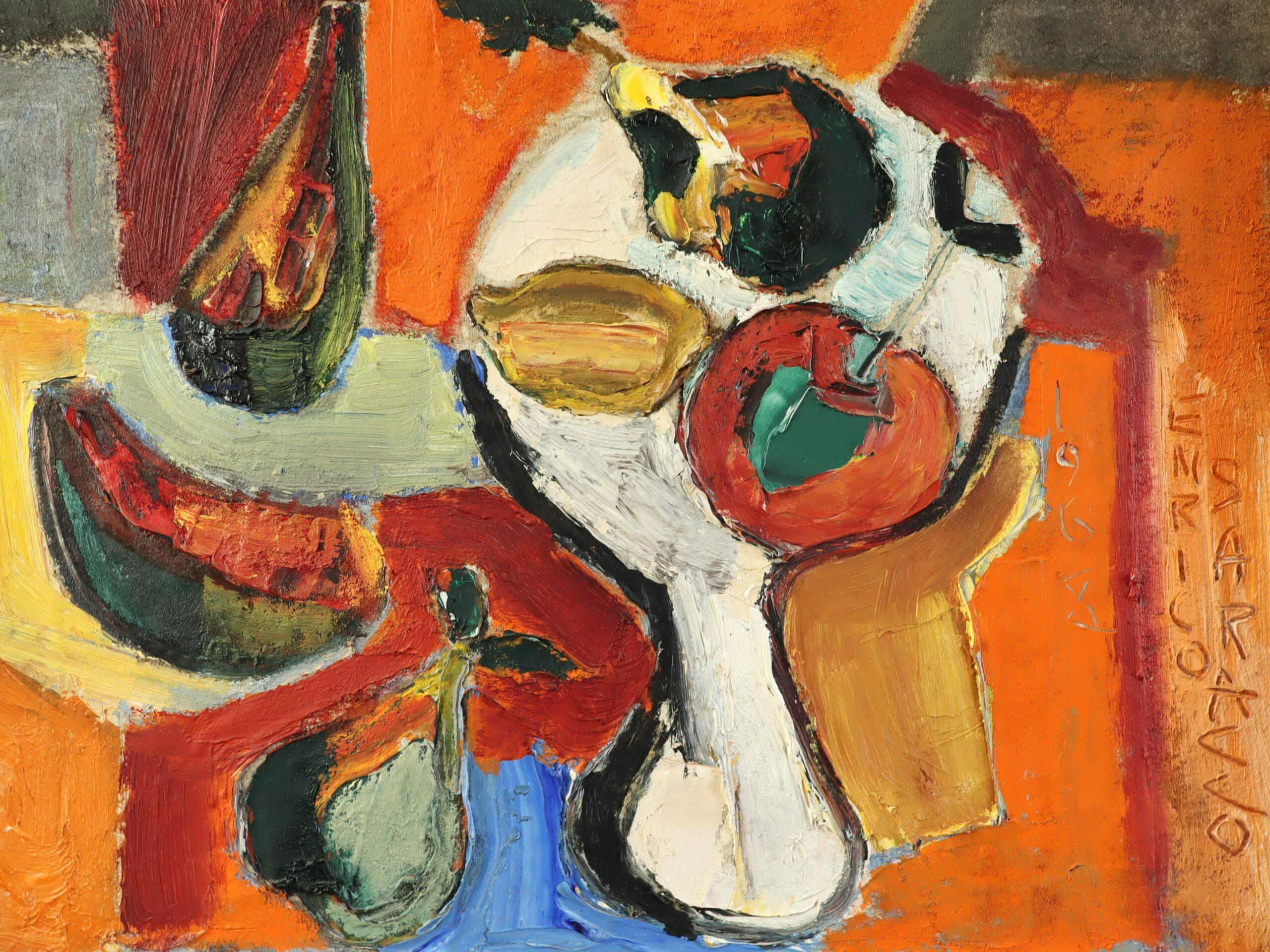 1968 Mid Century Modern Swedish Still Life Oil Painting - Fruits in Firelight (Fruits à la lumière du feu) en vente 5