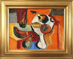 Pintura al óleo sueca de bodegón moderno de mediados de siglo de 1968 - Frutas a la luz del fuego