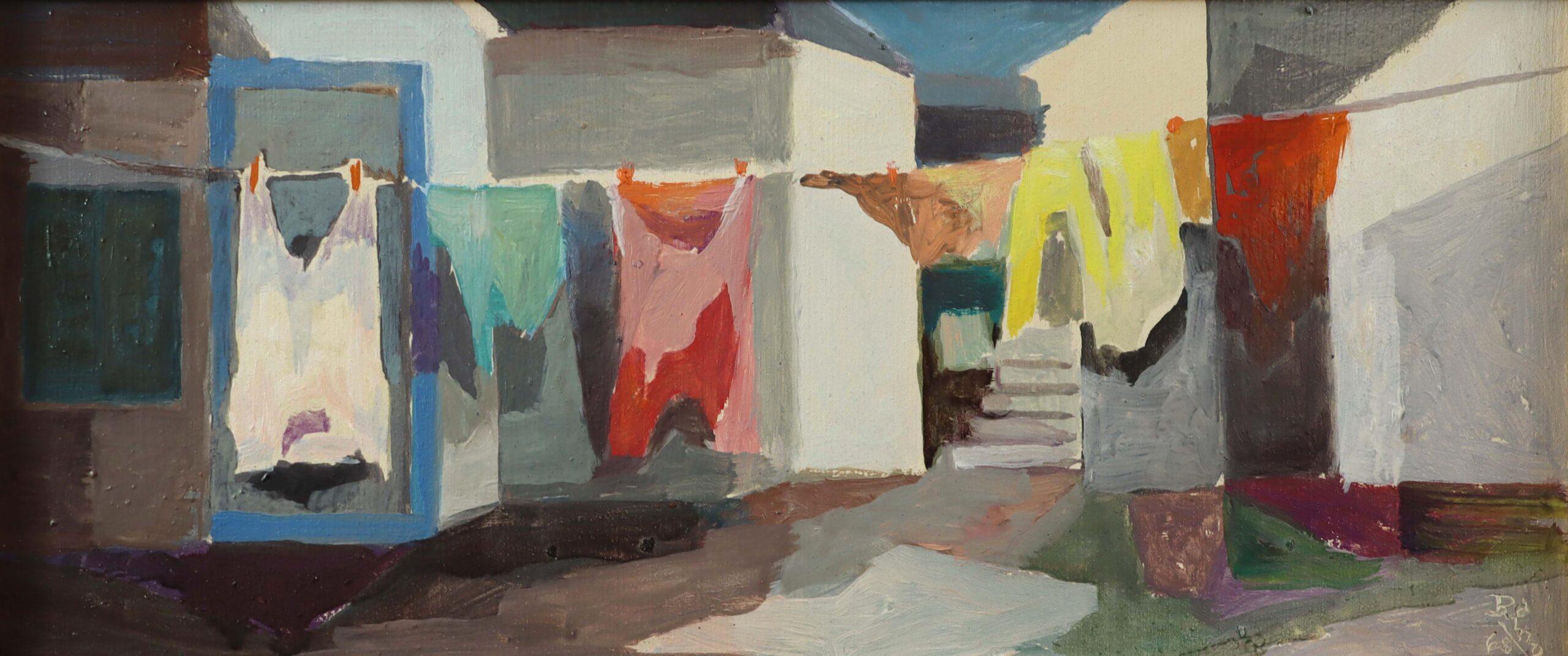 1968 Mid Century Modern Vintage Street Scene Pintura al óleo - Patio iluminado por el sol en venta 5