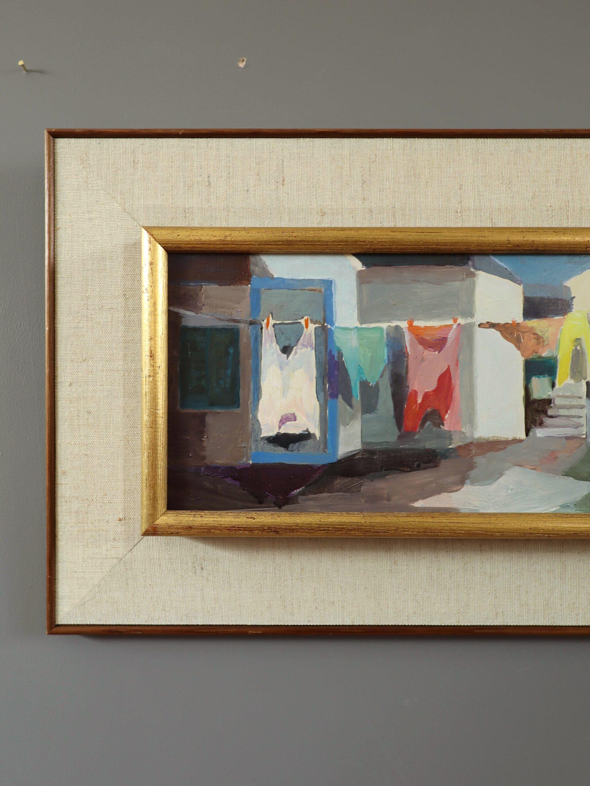 1968 Mid Century Modern Vintage Street Scene Pintura al óleo - Patio iluminado por el sol en venta 1