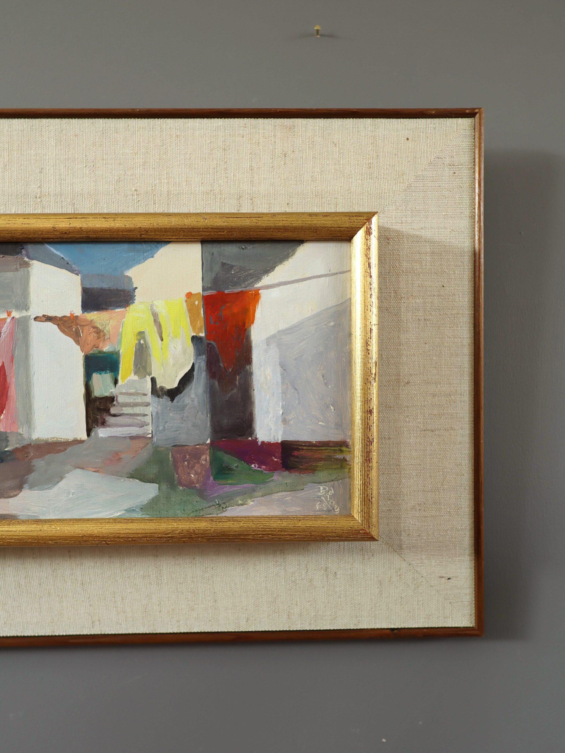1968 Mid Century Modern Vintage Street Scene Pintura al óleo - Patio iluminado por el sol en venta 2
