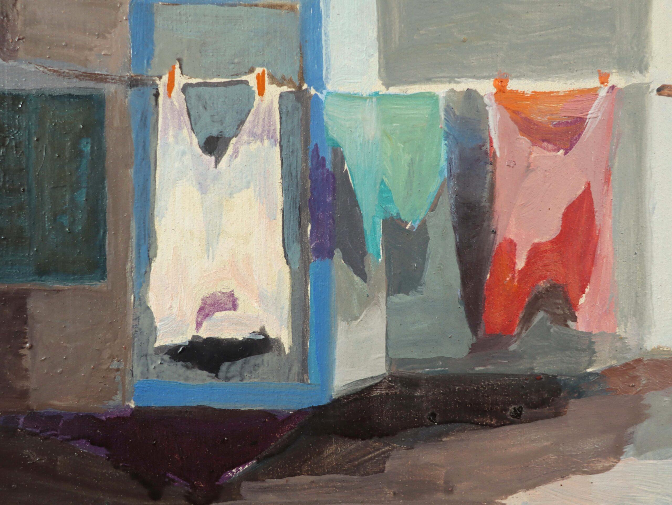 1968 Mid Century Modern Vintage Street Scene Pintura al óleo - Patio iluminado por el sol en venta 4