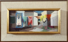 1968 Mid Century Modern Vintage Street Scene Pintura al óleo - Patio iluminado por el sol