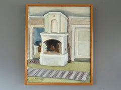 1968 Mid Century Swedish Expressive Interior Oil Painting - The Fireplace
