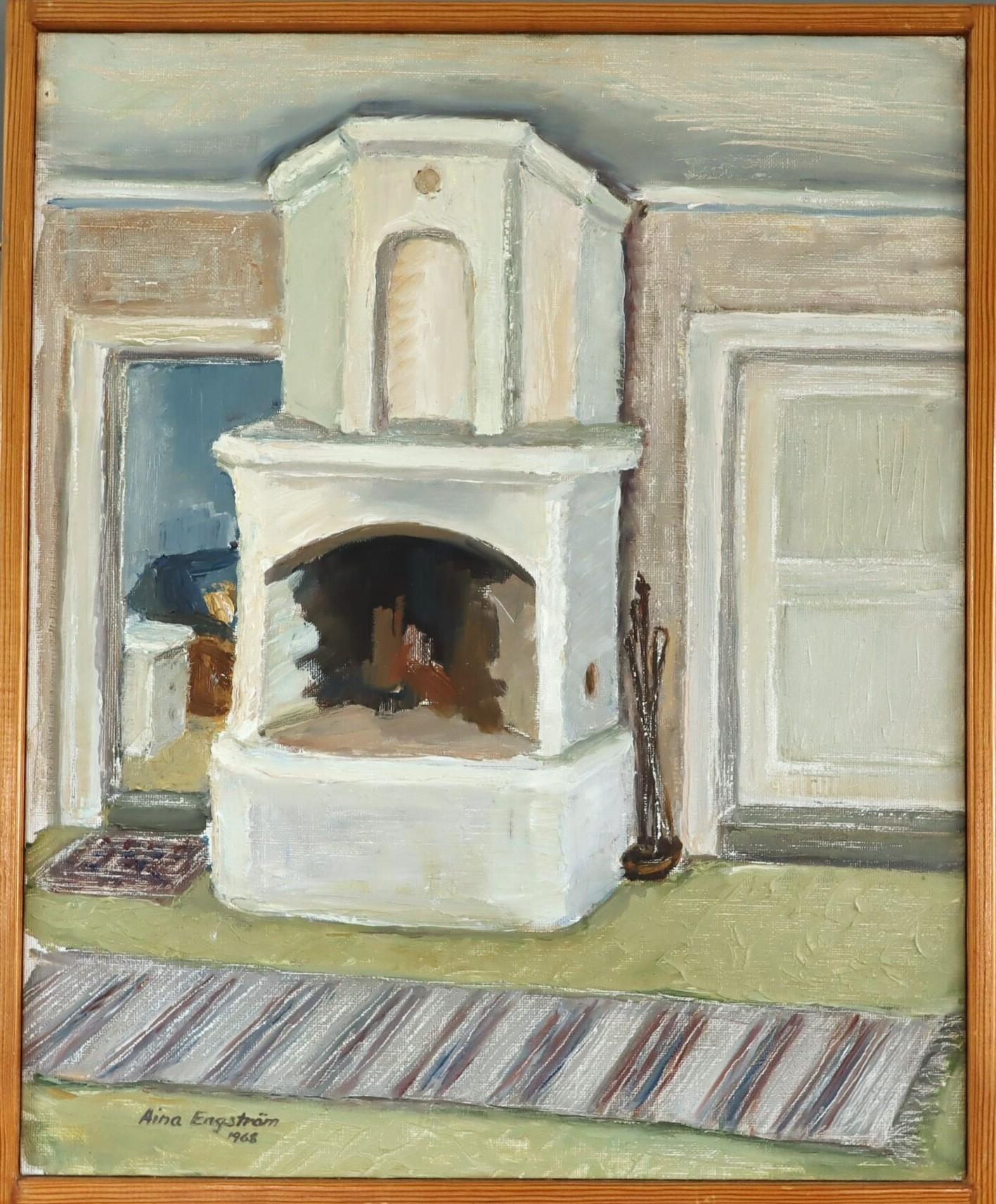 Unknown Interior Painting - 1968 Mid Century Swedish Expressive Interior Oil Painting - The Fireplace