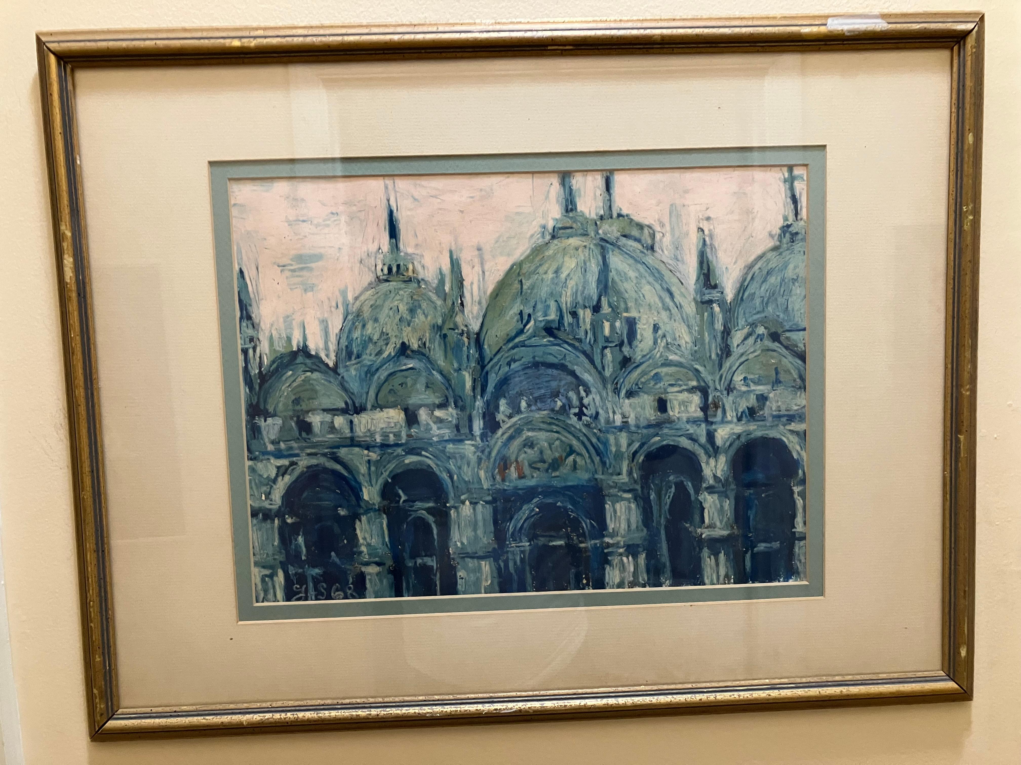 Fabulous mid century oil on board dated 1968. I am fairly sure the scene is.Piazza San Marco in Saint Marks Square, Venice. The painting seems to be initialed GS or JS not entirely sure. Painting measures 16 1/2 inches wide by 13 inches high. The