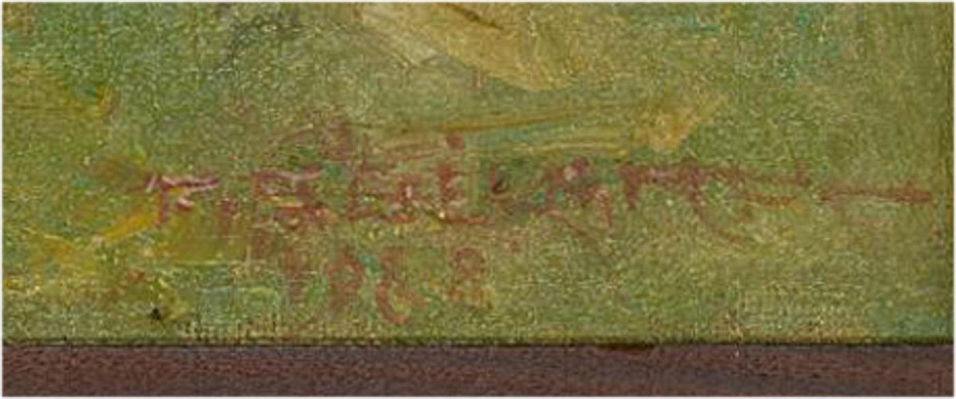 Ein rustikales Ölgemälde einer herbstlichen Flusslandschaft. Der Künstler hat in der rechten unteren Ecke unleserlich signiert und datiert. Das Gemälde wird in einem zeitgenössischen Rahmen aus dunklem Holz präsentiert. Auf Leinwand.

