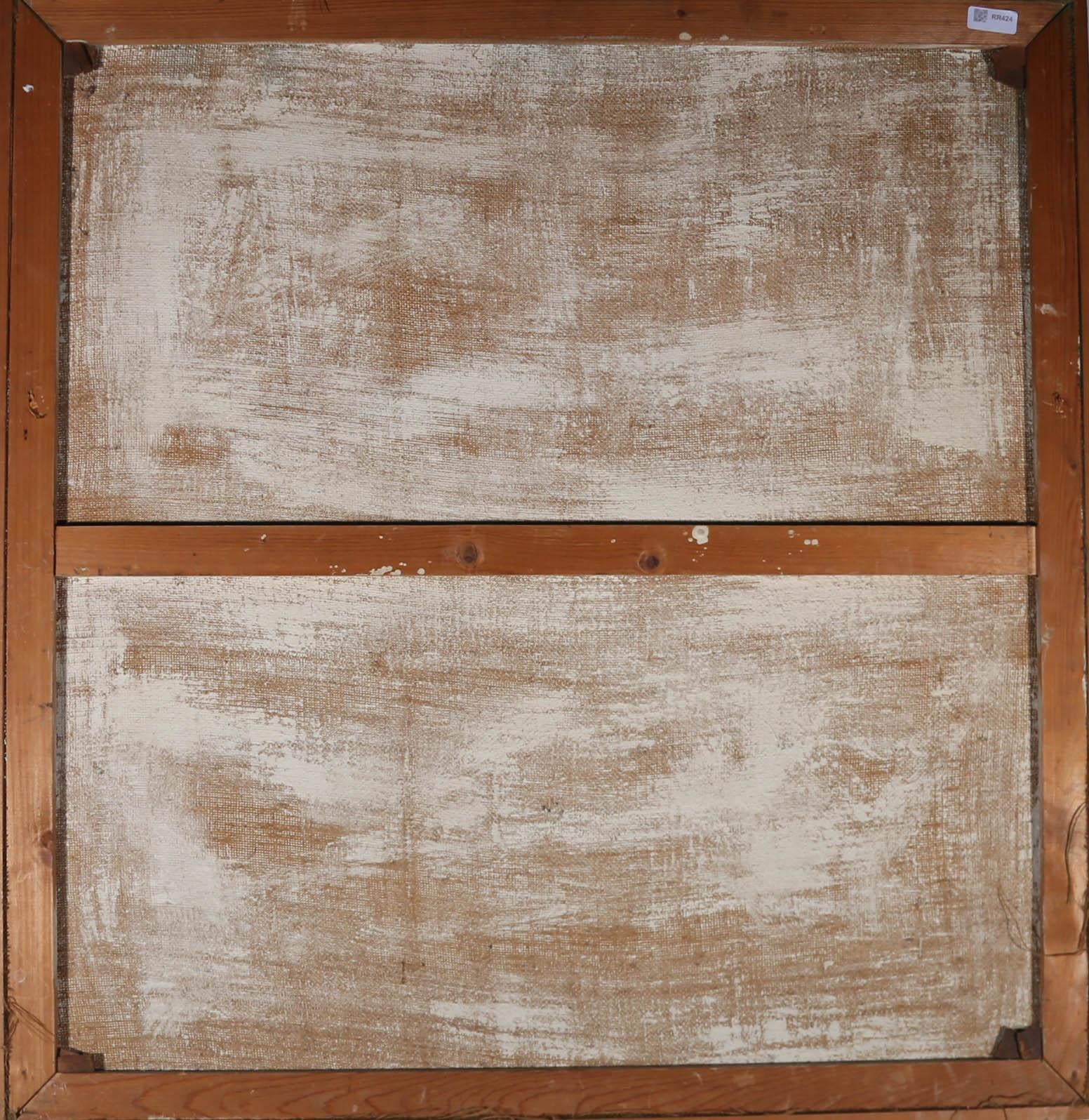 Une pièce abstraite saisissante représentant une grande forme naturelle verte sur un fond violet profond. Signé 