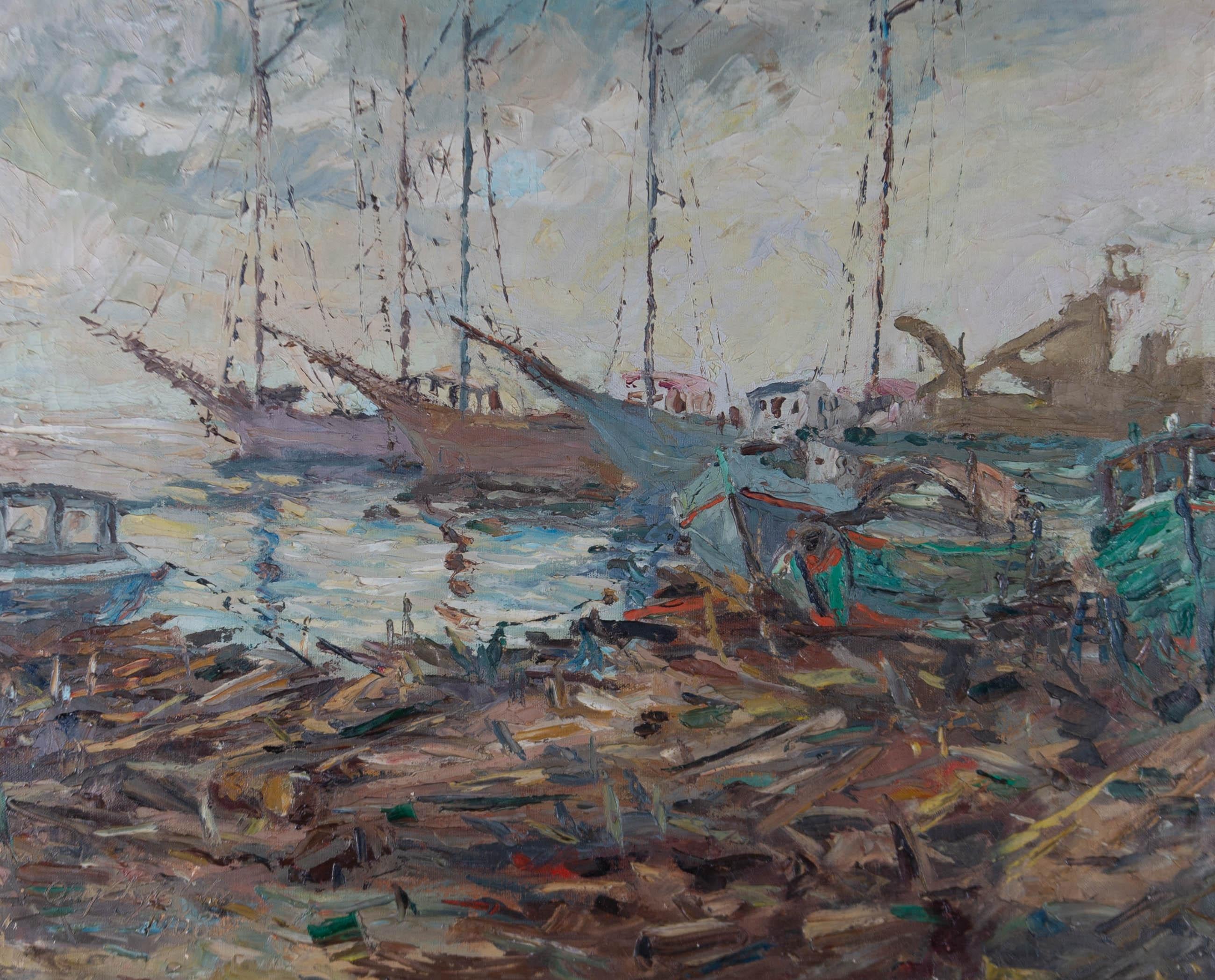 1968 Oil - Port Scene - Painting by Unknown