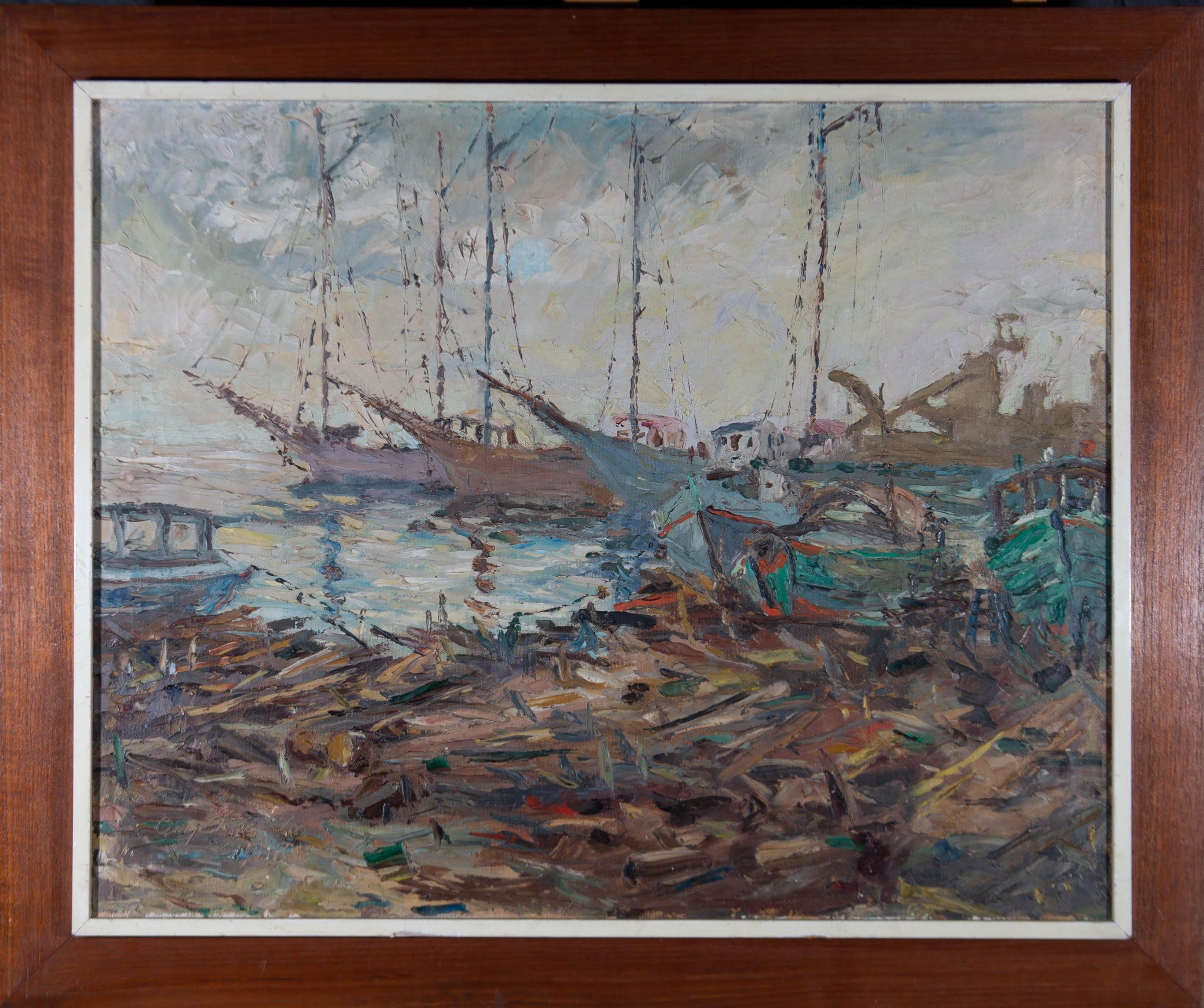 Unknown Landscape Painting - 1968 Oil - Port Scene