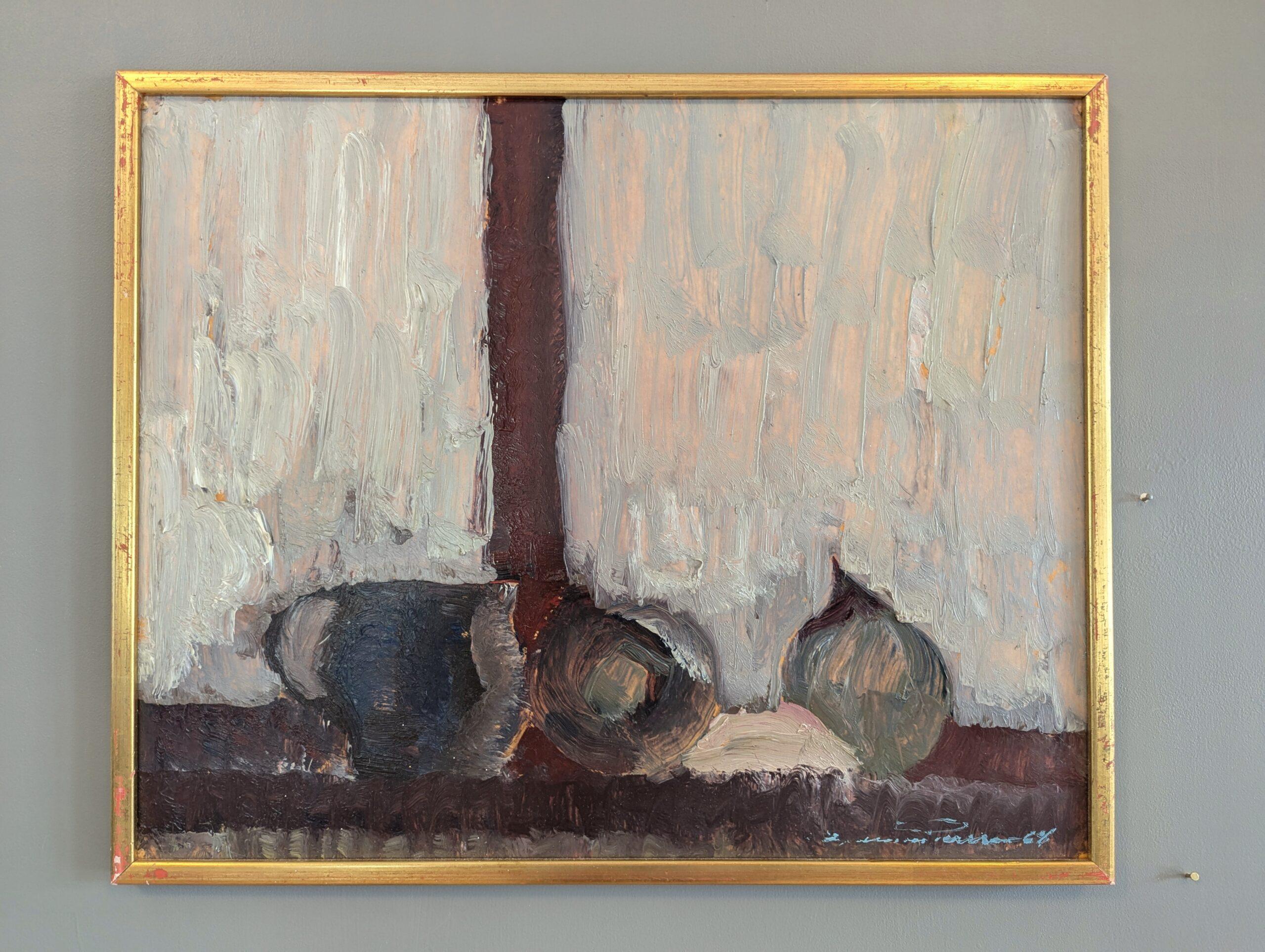 1968 Vintage Pintura al óleo moderna de mediados de siglo - Naturaleza muerta en el alféizar de una ventana - Painting de Unknown