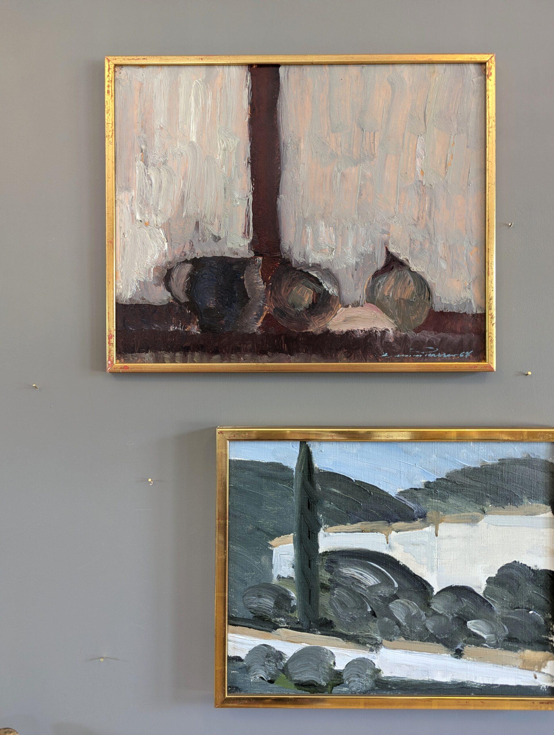 1968 Vintage Pintura al óleo moderna de mediados de siglo - Naturaleza muerta en el alféizar de una ventana - Painting Moderno de Unknown