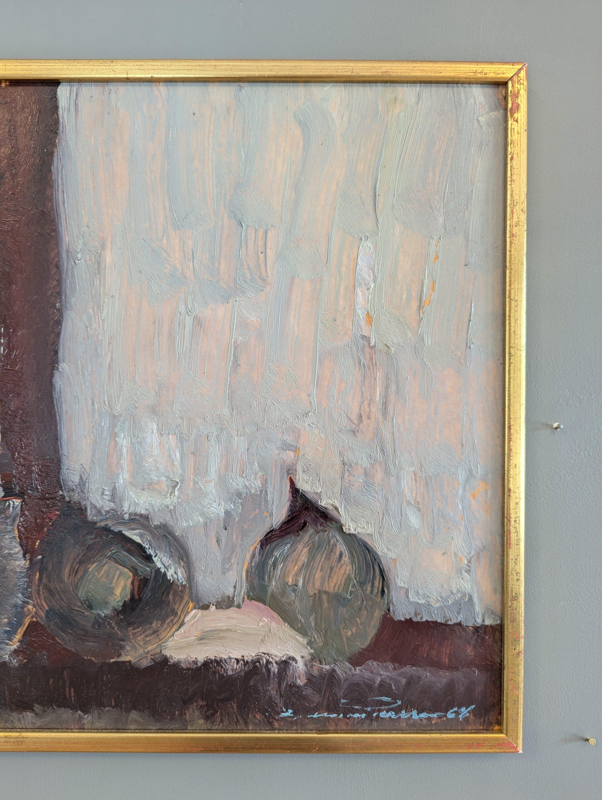 1968 Vintage Pintura al óleo moderna de mediados de siglo - Naturaleza muerta en el alféizar de una ventana 2