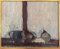 1968 Vintage Pintura al óleo moderna de mediados de siglo - Naturaleza muerta en el alféizar de una ventana