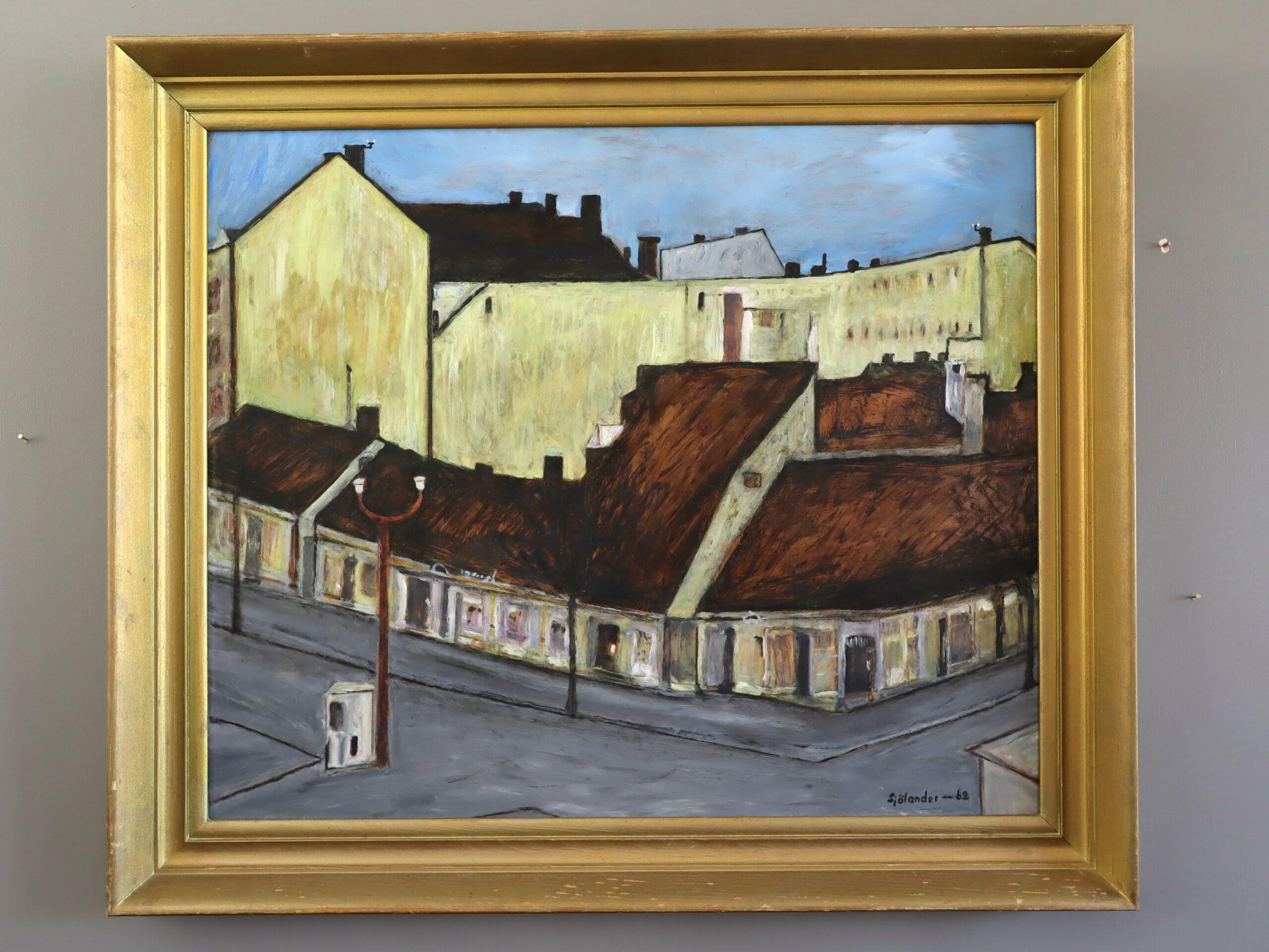 1969 Mid Century Modern Swedish Street Scene Ölgemälde - Ruhige Straßenecke – Painting von Unknown
