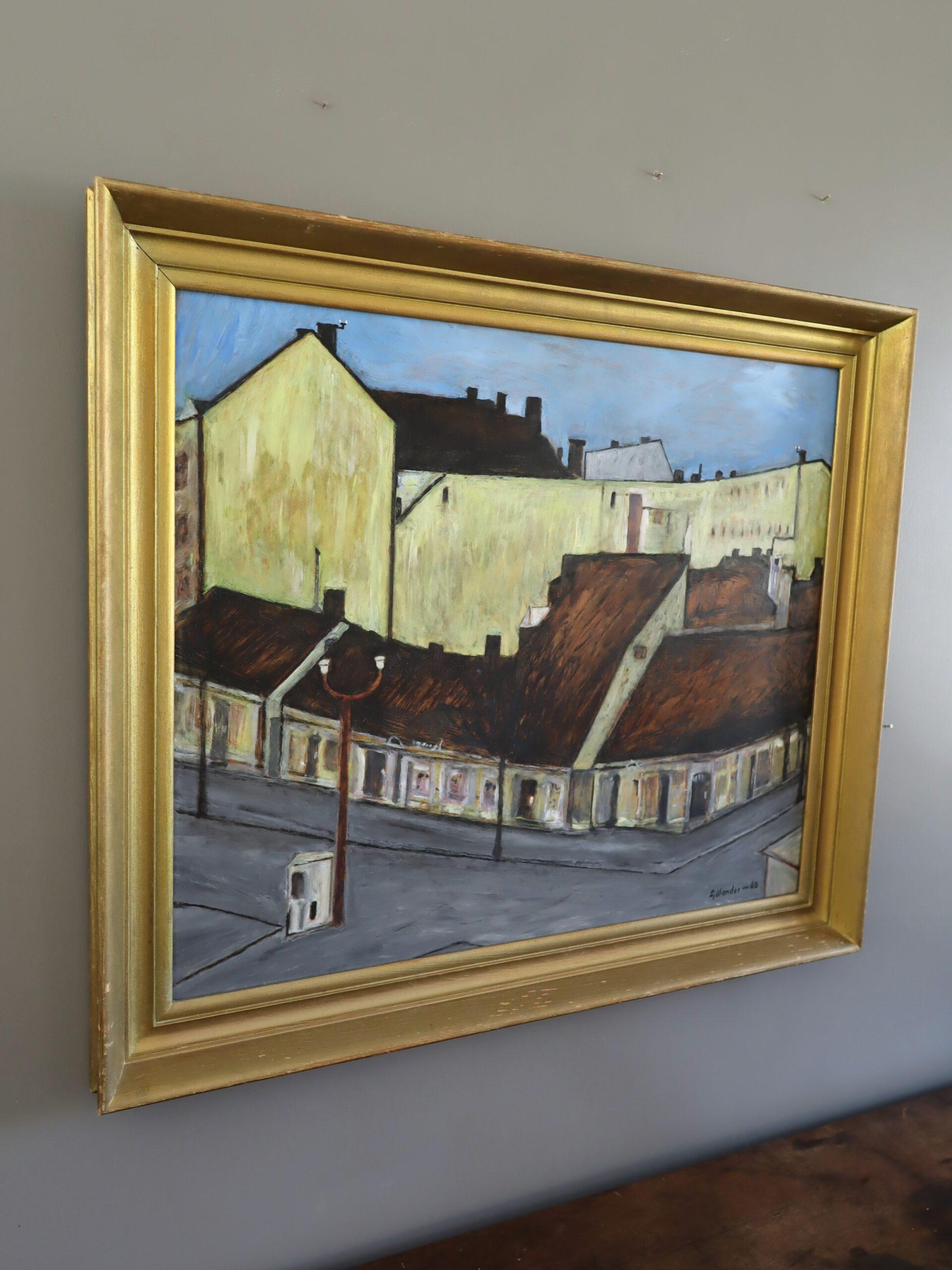 1969 Mid Century Modern Swedish Street Scene Ölgemälde - Ruhige Straßenecke (Moderne), Painting, von Unknown
