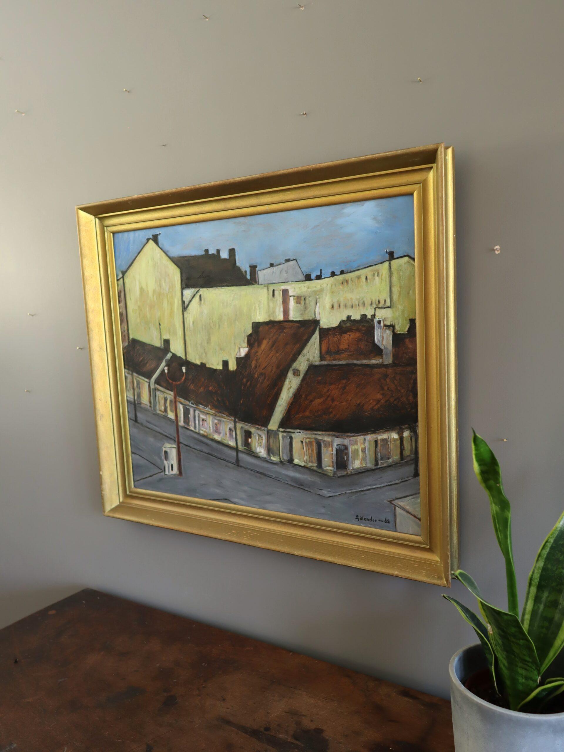 1969 Mid Century Modern Swedish Street Scene Ölgemälde - Ruhige Straßenecke (Braun), Landscape Painting, von Unknown
