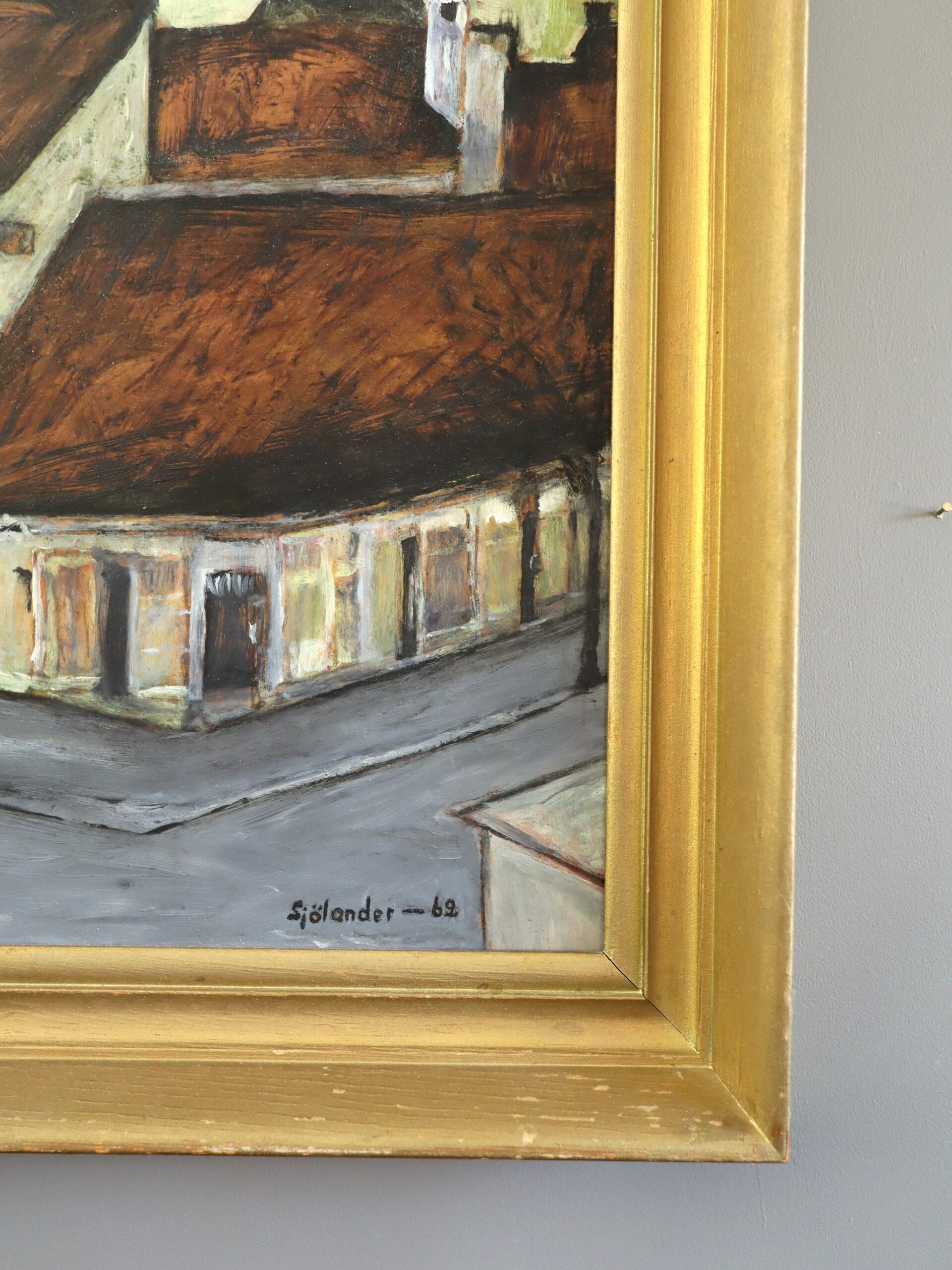 1969 Mid Century Modern Swedish Street Scene Ölgemälde - Ruhige Straßenecke im Angebot 1