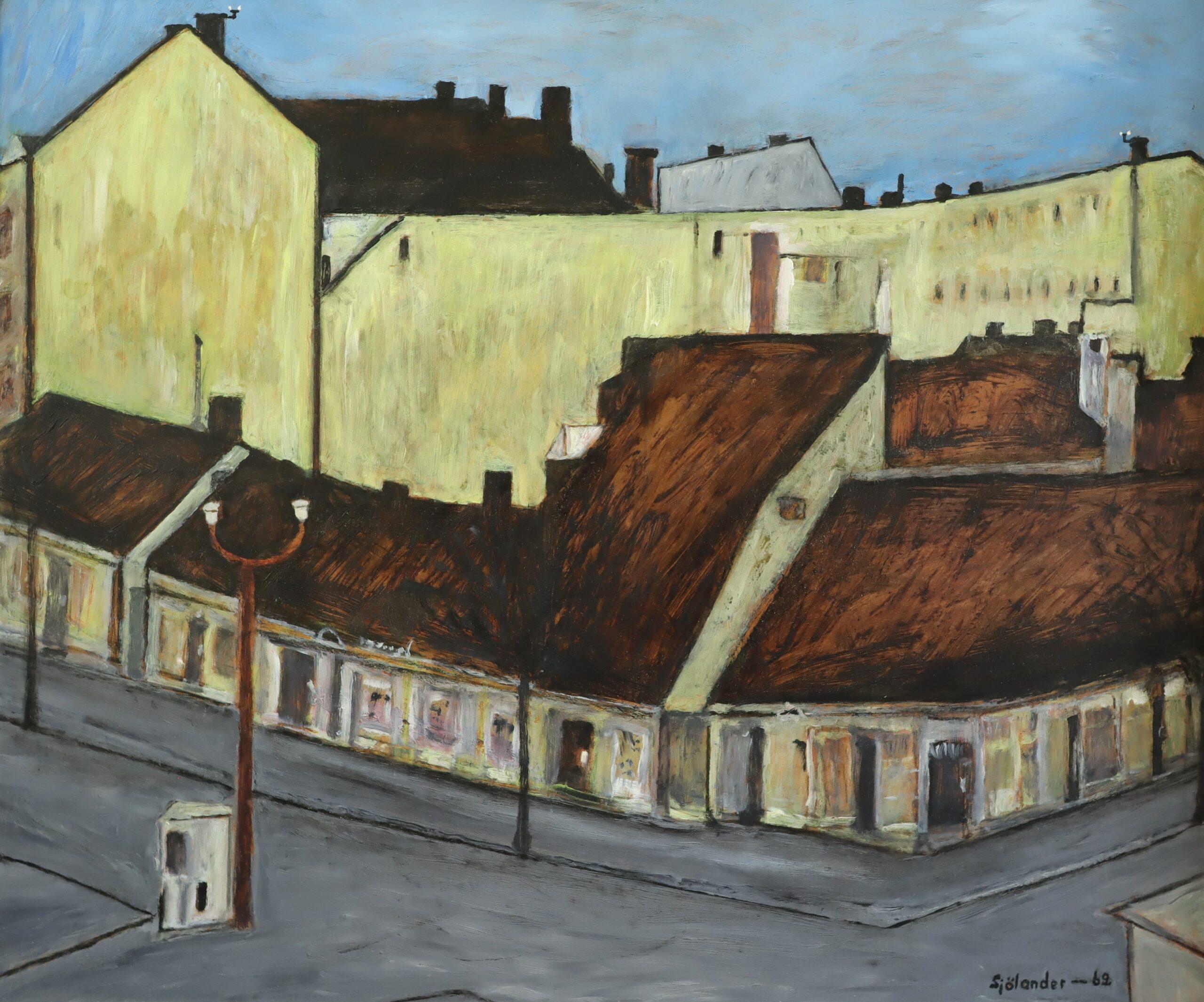 1969 Mid Century Modern Swedish Street Scene Ölgemälde - Ruhige Straßenecke im Angebot 2