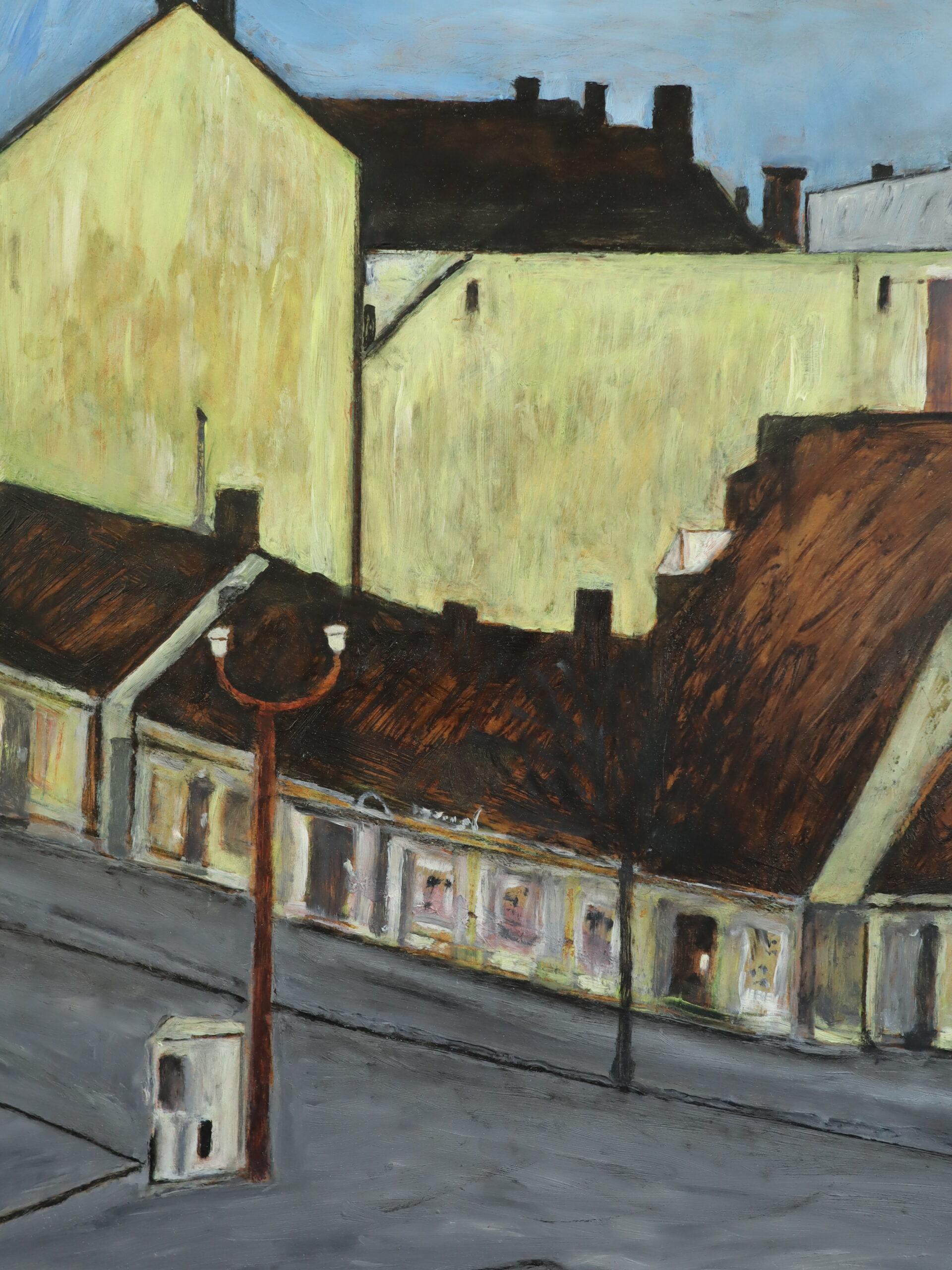 1969 Mid Century Modern Swedish Street Scene Ölgemälde - Ruhige Straßenecke im Angebot 3