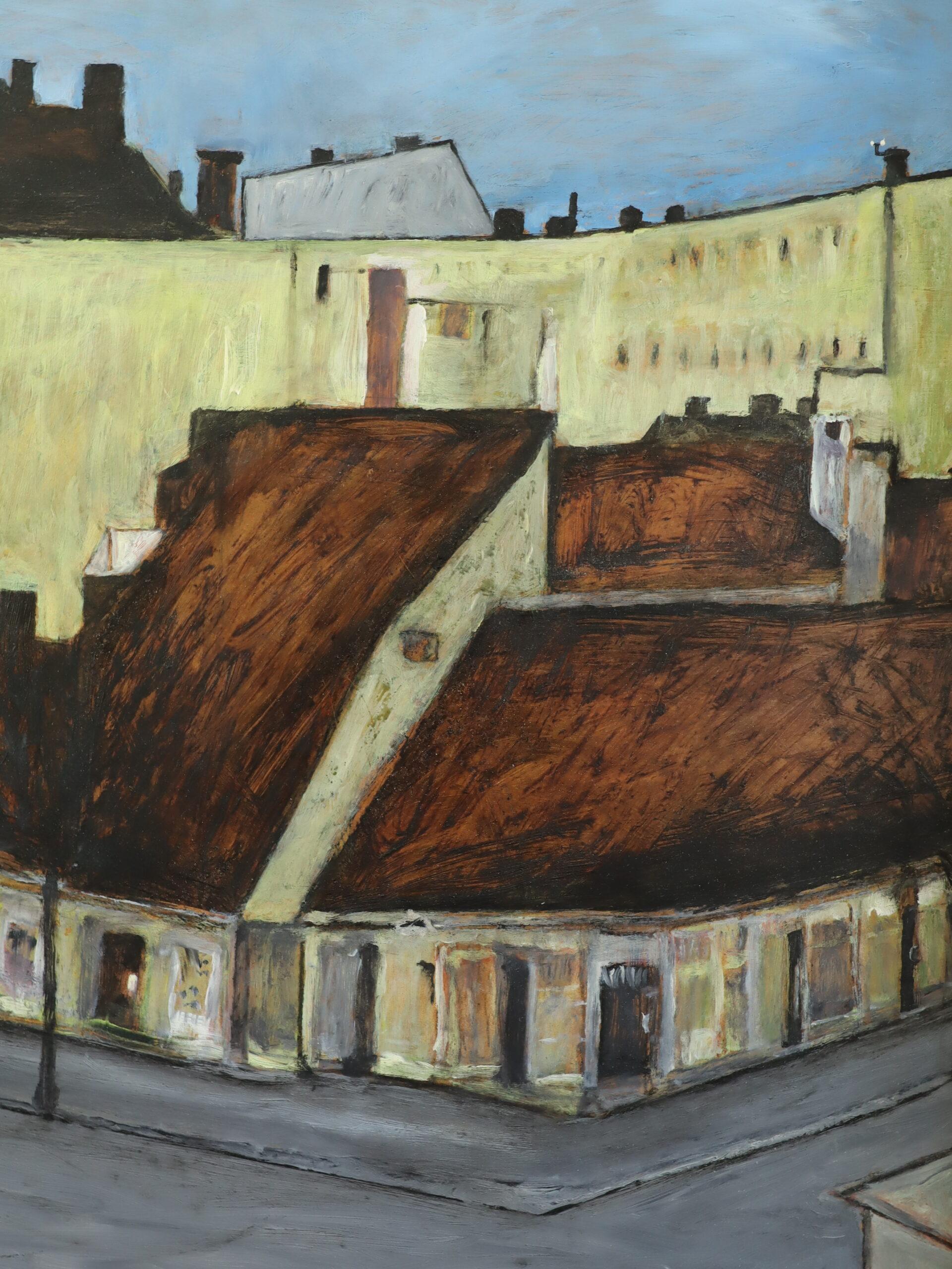 1969 Mid Century Modern Swedish Street Scene Ölgemälde - Ruhige Straßenecke im Angebot 4