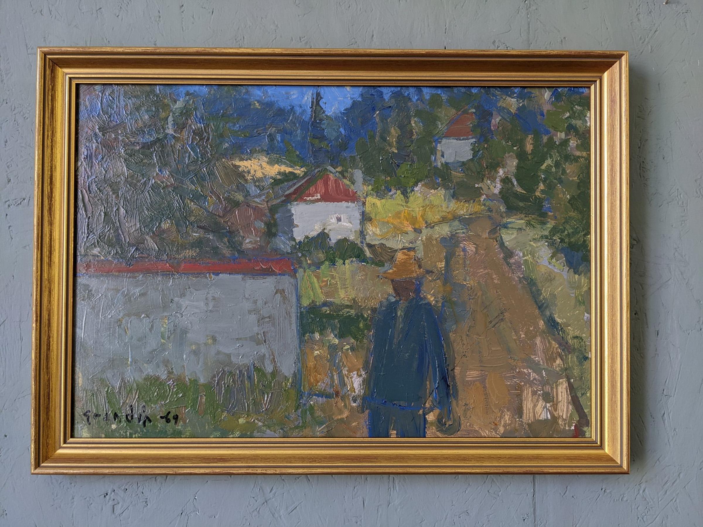 FOREST HOUSES
Size: 40 x 56 cm (including frame)
Oil on Panel

An expressive semi-abstract modernist composition, executed in oil onto board and dated 1969.

A figure dressed in blue and a hat is strolling leisurely on an inviting pathway that leads